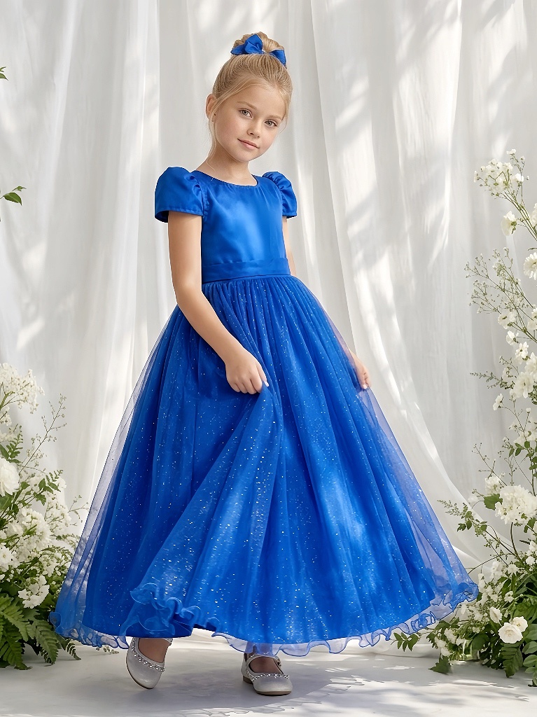 Vestido Infantil Azul Royal Longo de Princesa Brilhante e Mangas