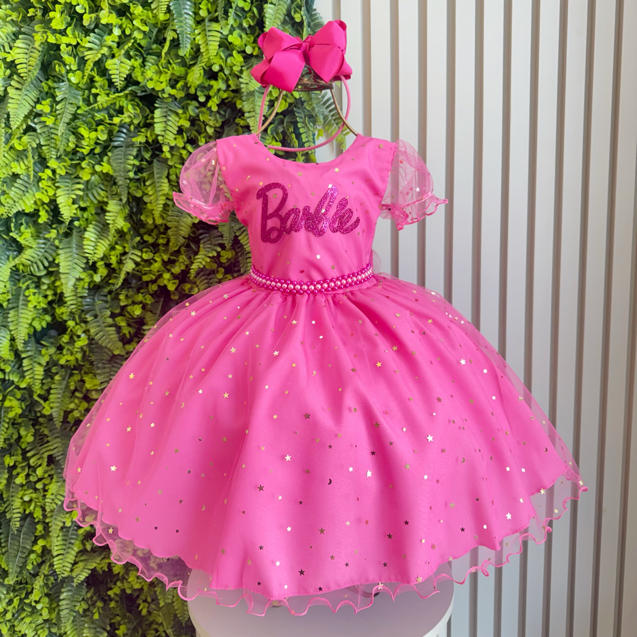 Vestido Infantil Barbie Pink C/ Glitter e Estrelas
