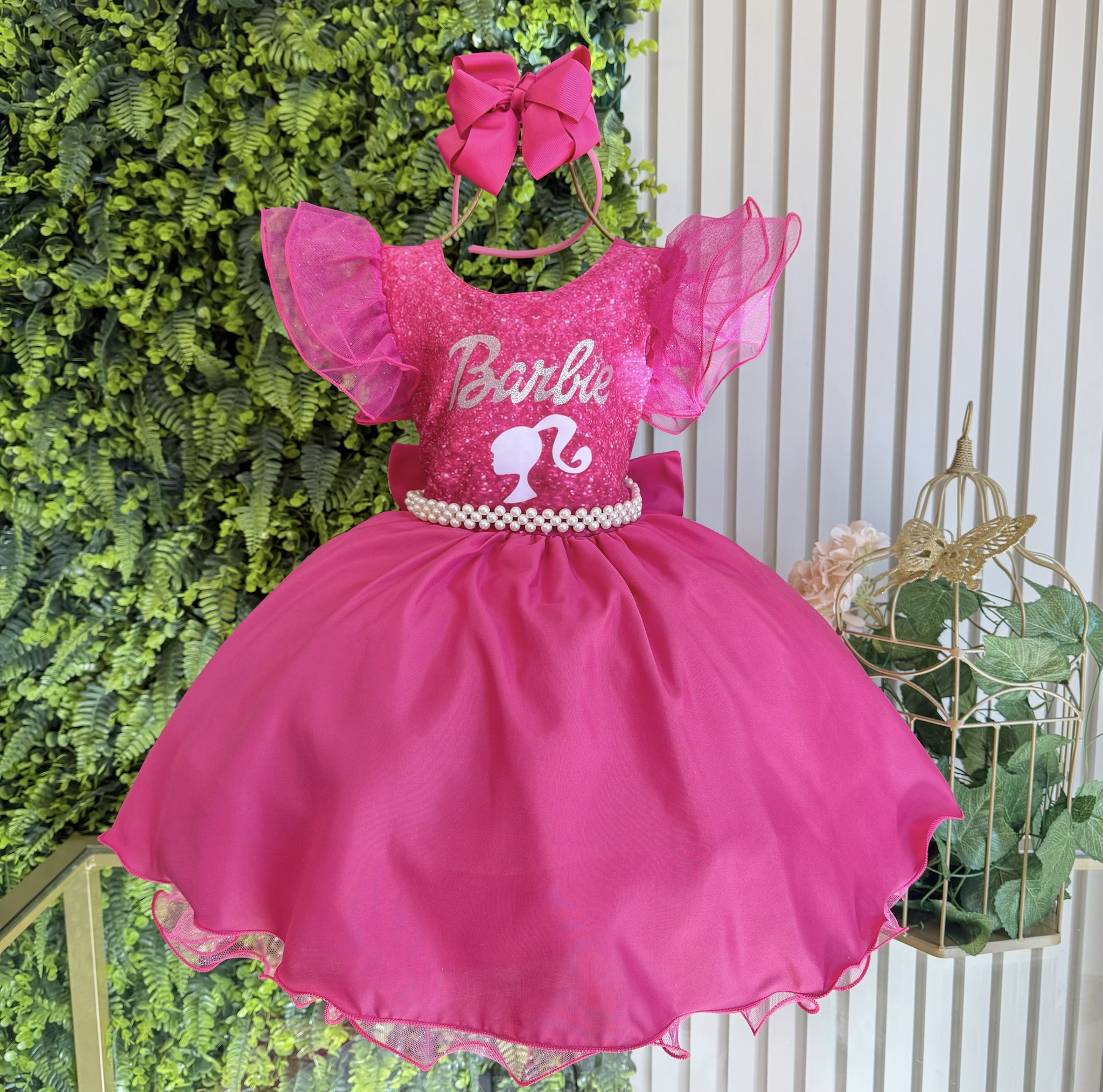 Vestido Infantil Barbie Pink Com Cinto de Pérolas