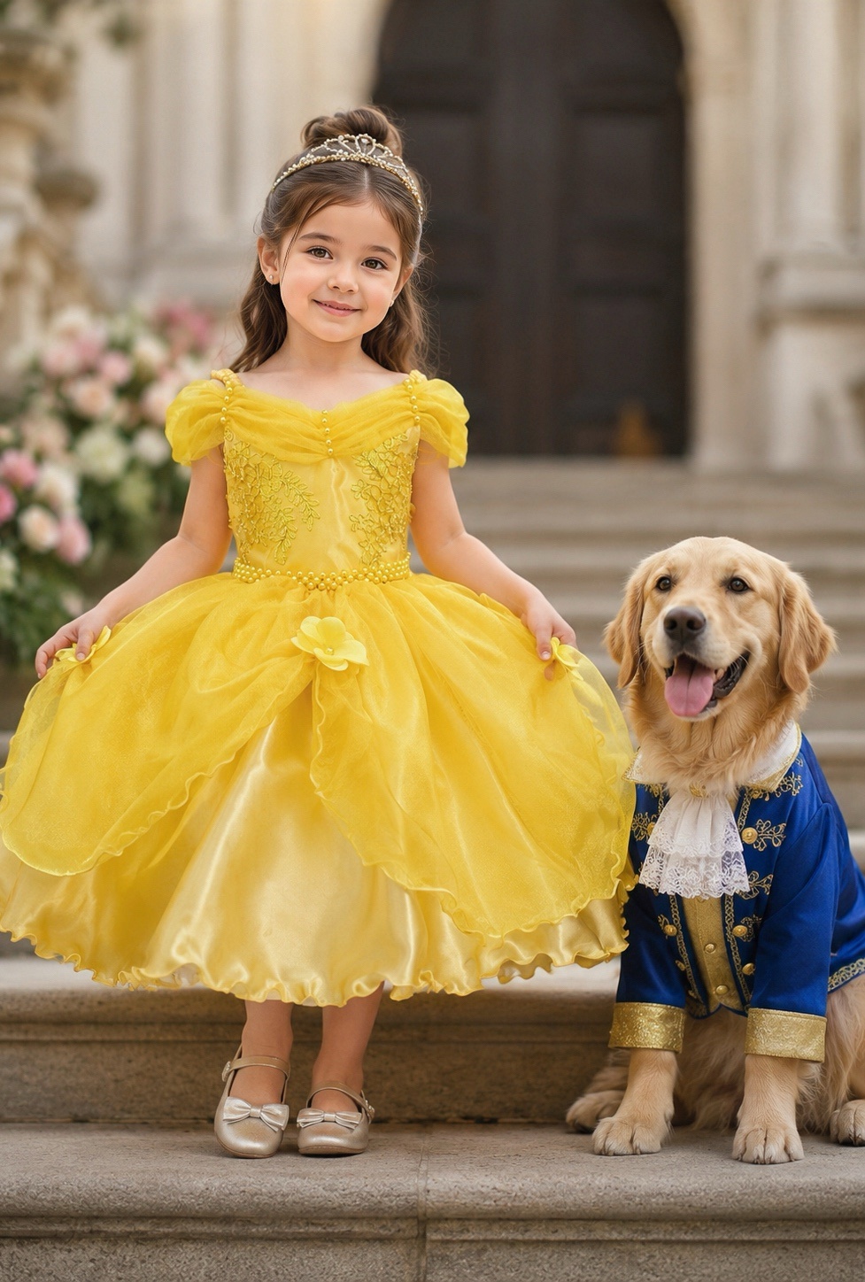 Vestido Infantil Bela e a Fera Princesas C/ Renda e Pérolas