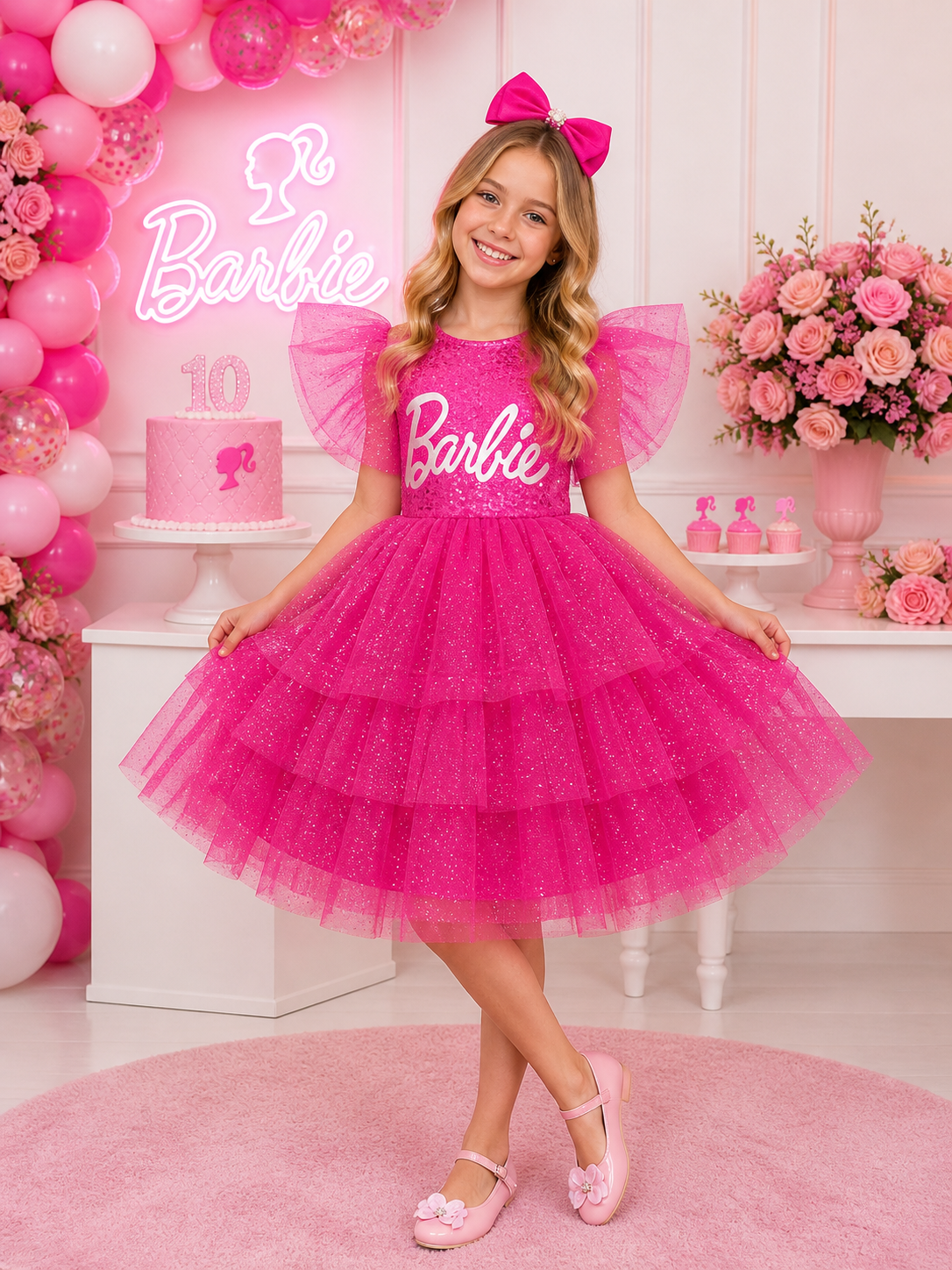 Vestido infantil da Barbie Pink Glitter Luxo