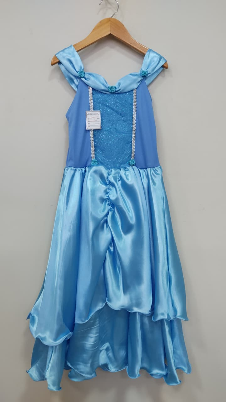 Vestido Infantil Fantasia de Princesa Cinderela Azul Acetinado com Glitter