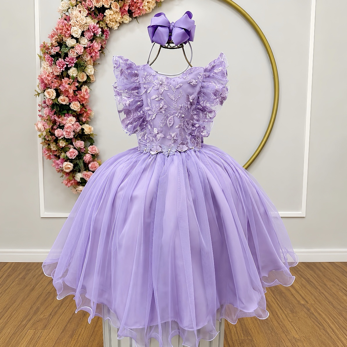 Vestido Infantil Lilas C/ Bordado, Borboletas e flores Dama Festas Luxo