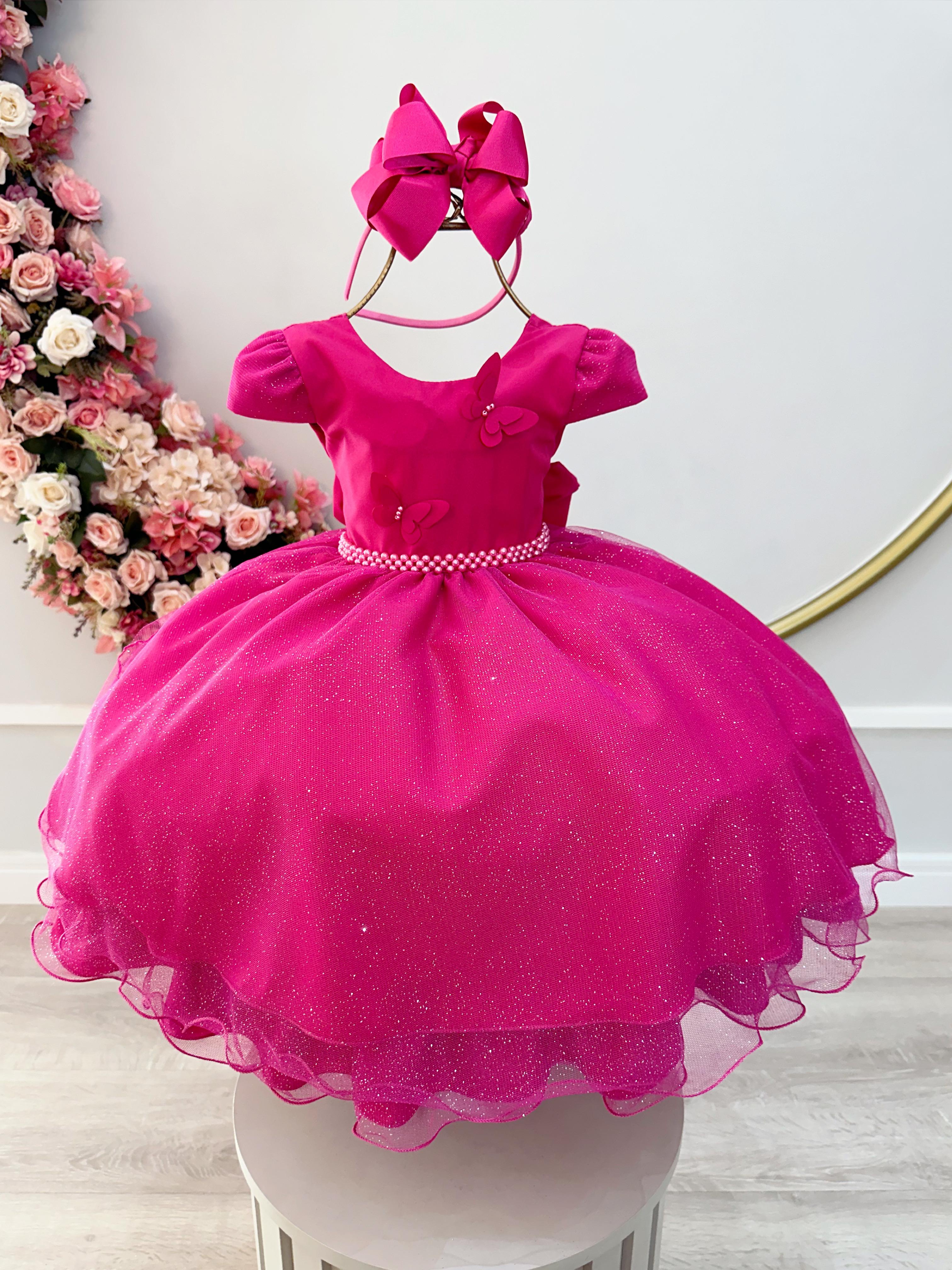 Vestido Infantil Pink Com Apliques de Borboletas Glitter