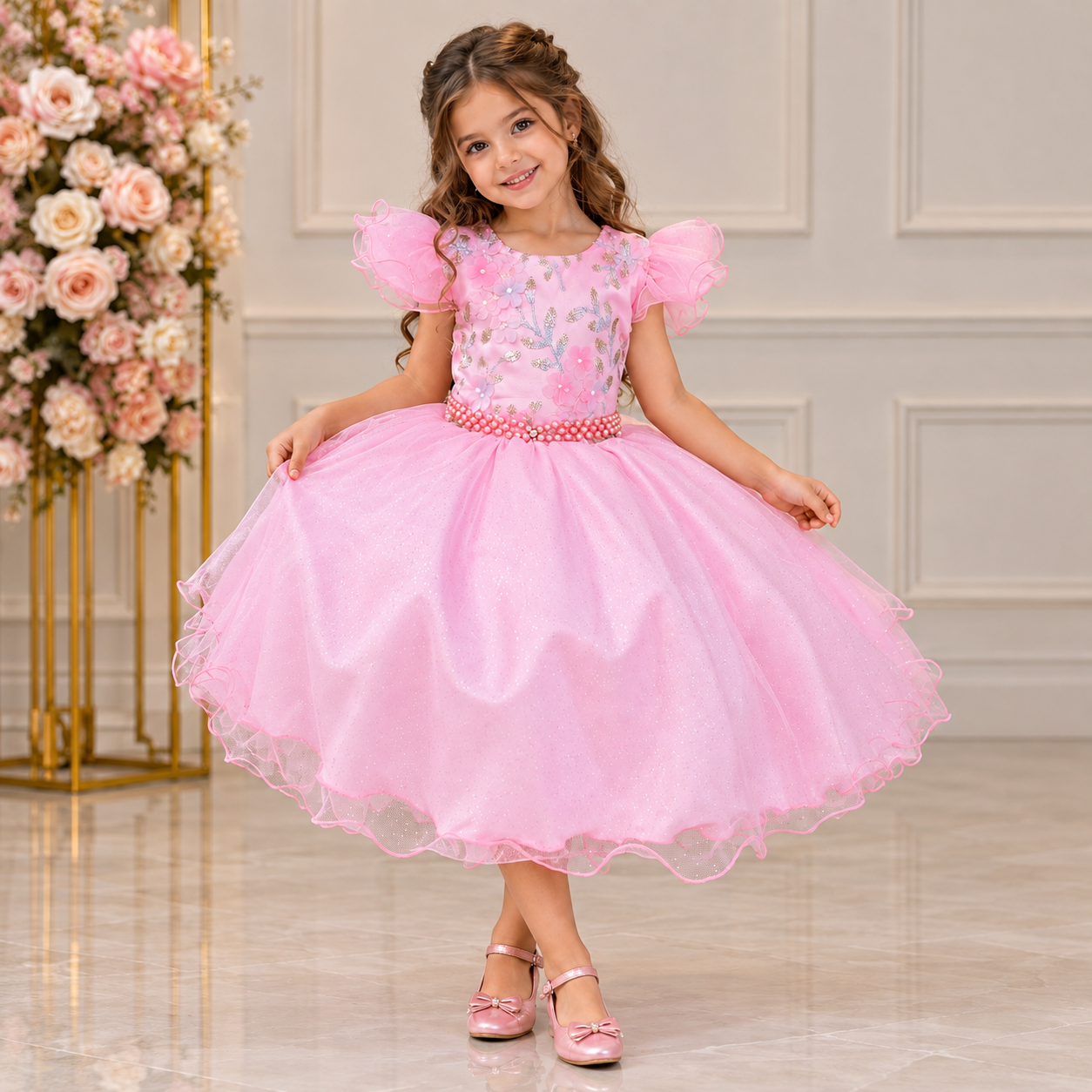 Vestido Infantil Princesas Jardim Encantado Rosa Super Luxo