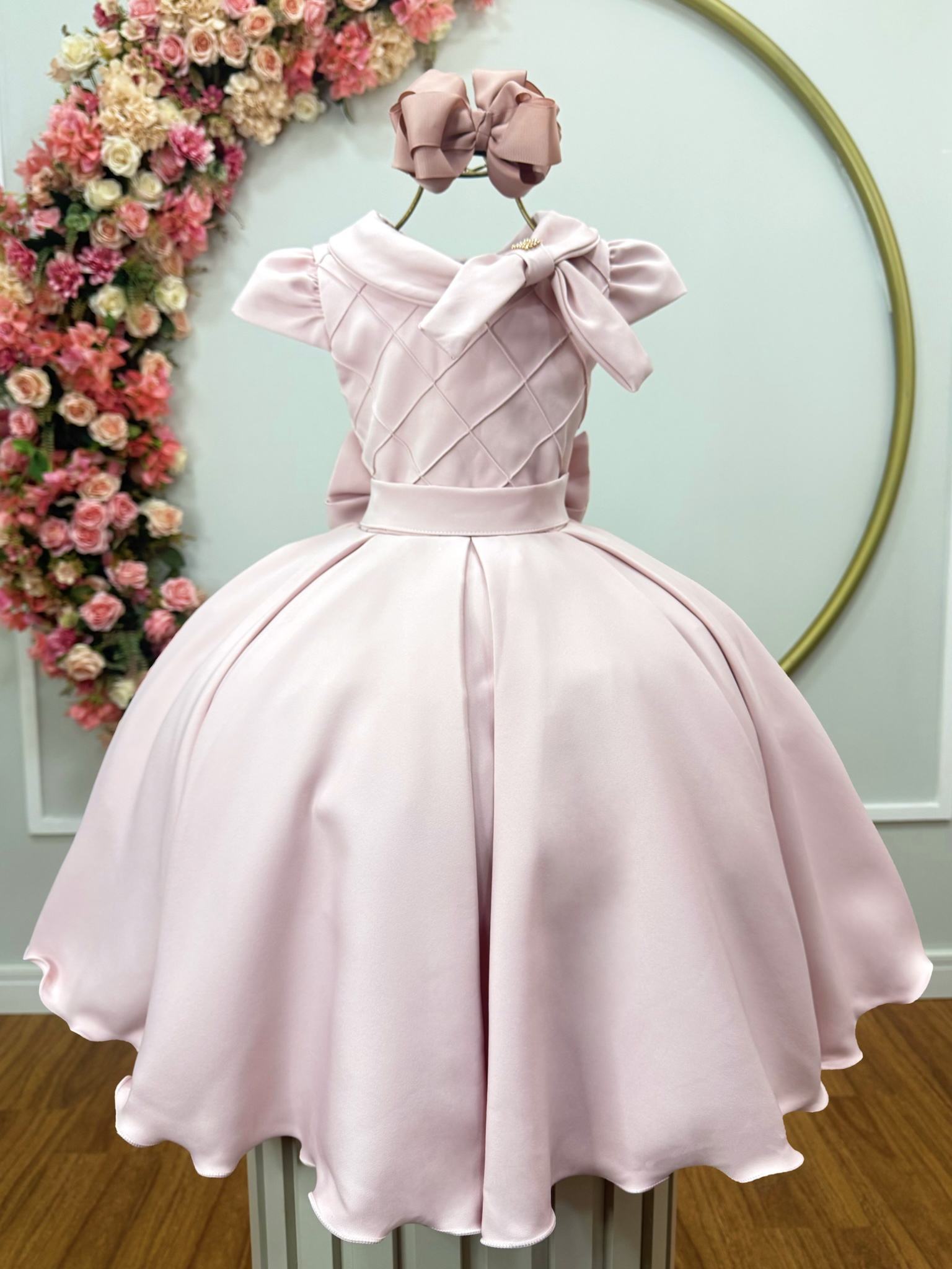Vestido Infantil Rosa Claro Busto Nervura Formaturas Damas