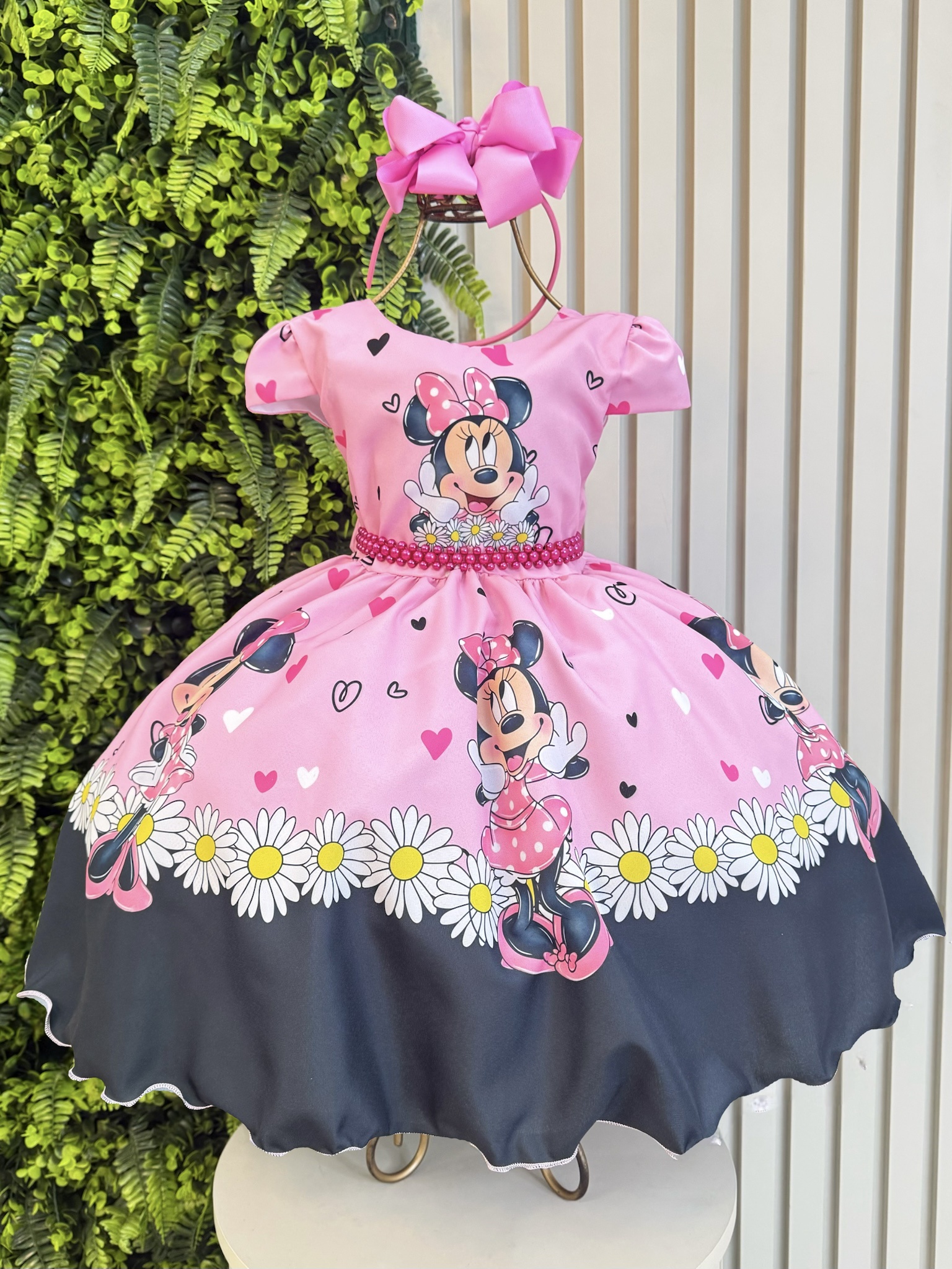Vestido Infantil Minnie Rosa de Festa para Menina Margaridas