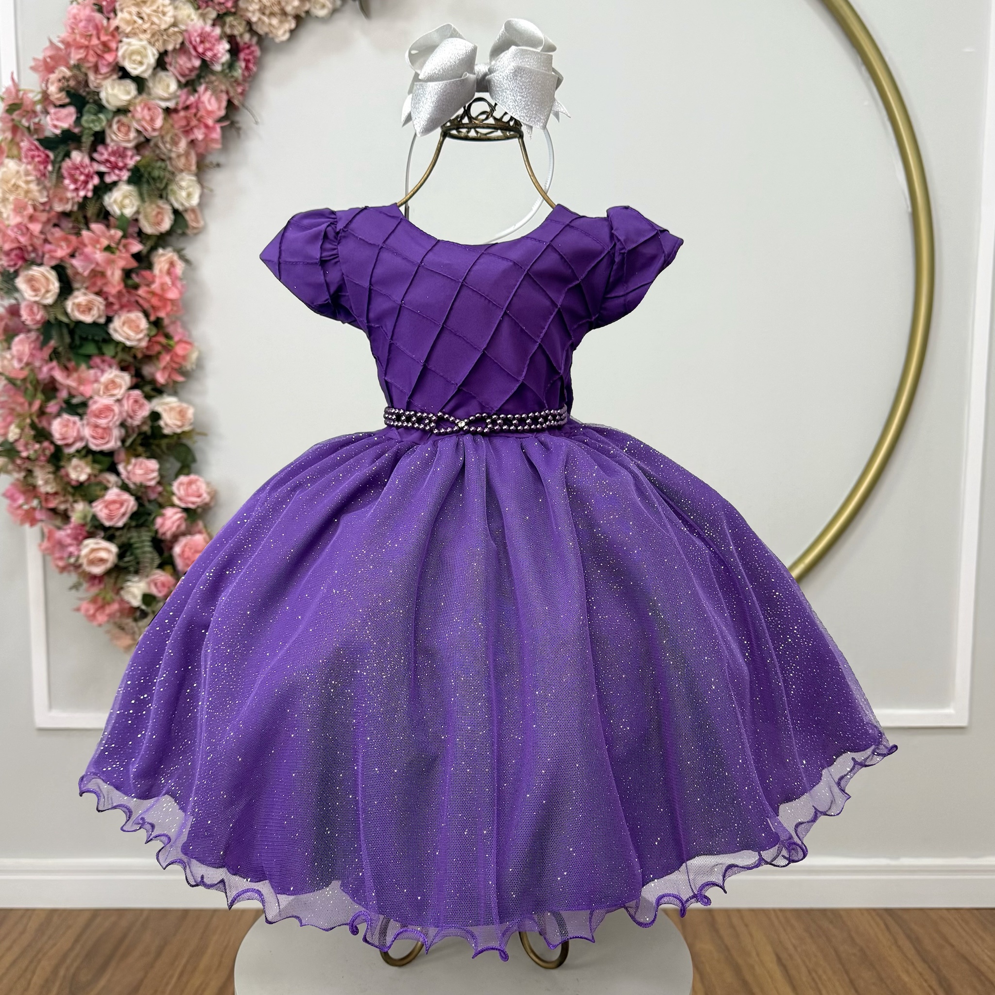 Vestido Infantil Roxo Busto Nervura Festas Daminhas