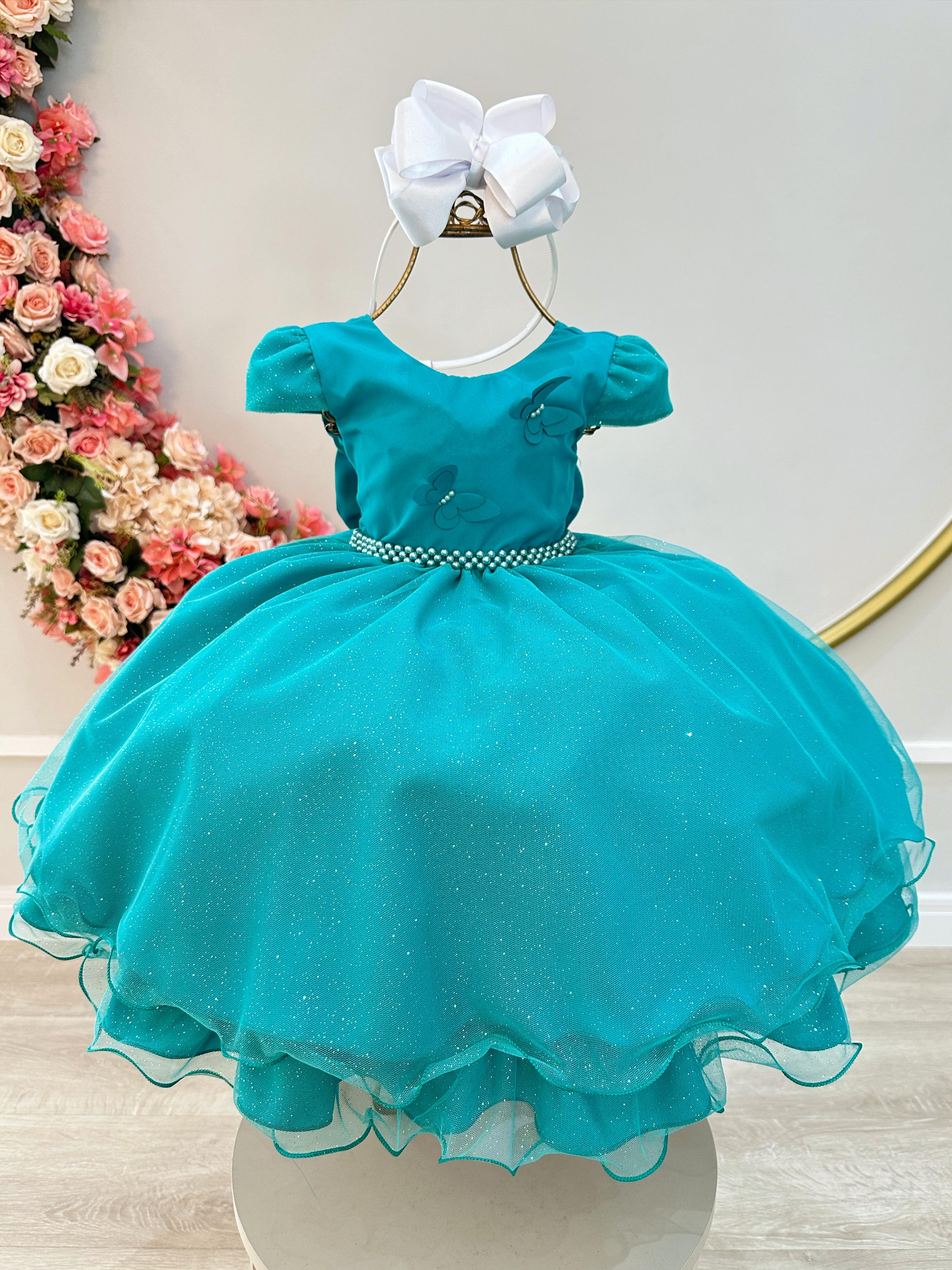 Vestido Infantil Verde C/ Apliques Borboletas Glitter