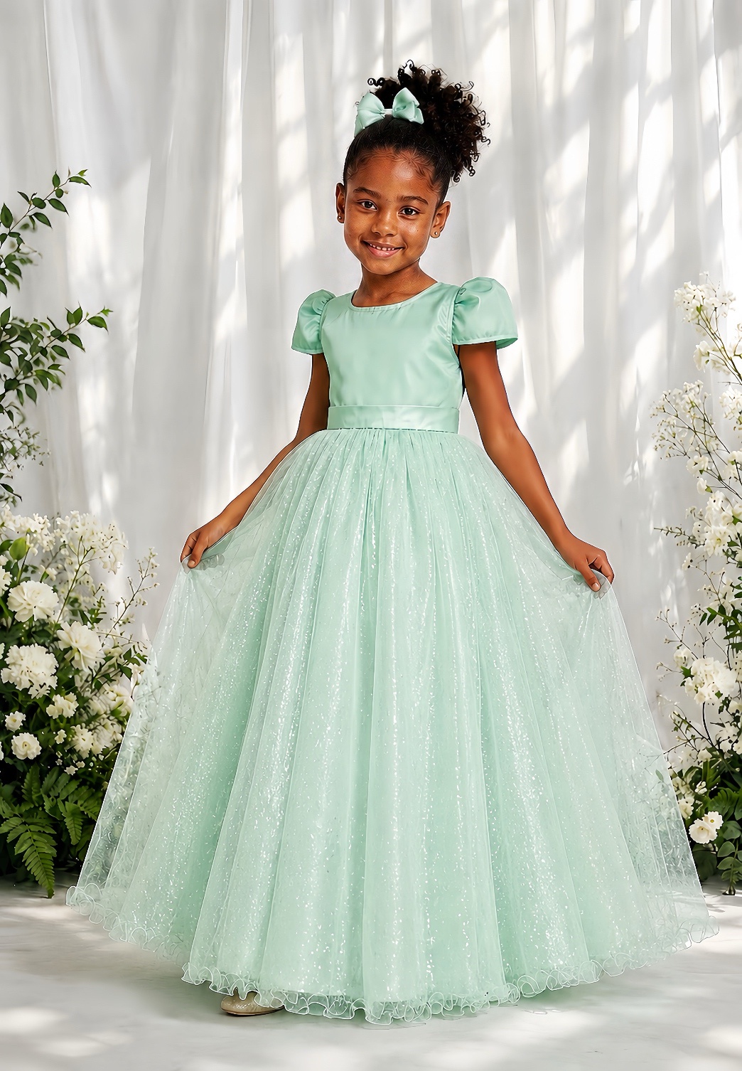 Vestido Infantil Verde Menta Longo de Princesa Brilhante e Mangas