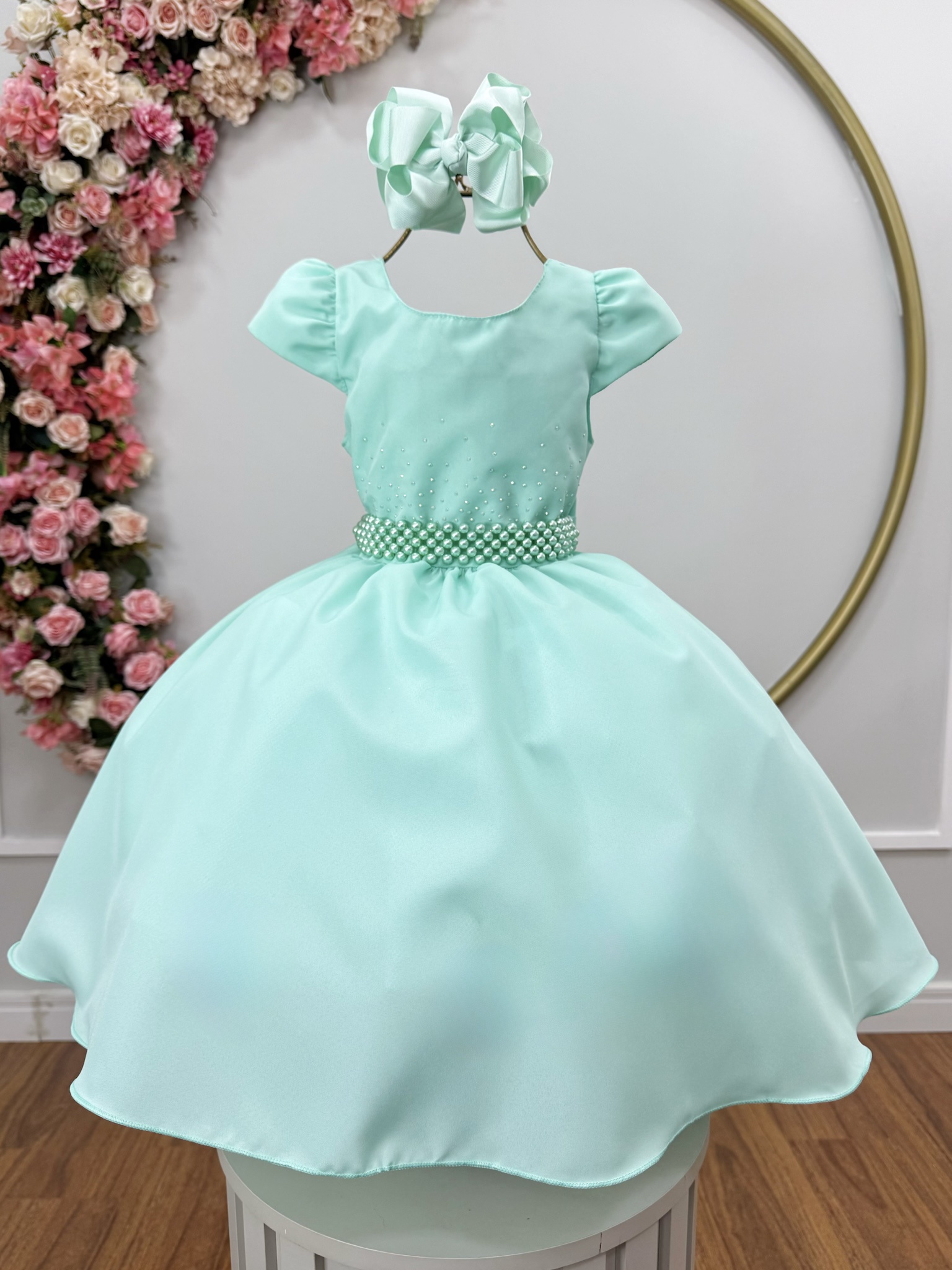 Vestido Infantil Verde menta Luxo, Cinto Pérolas e Strass Vestido de Festa