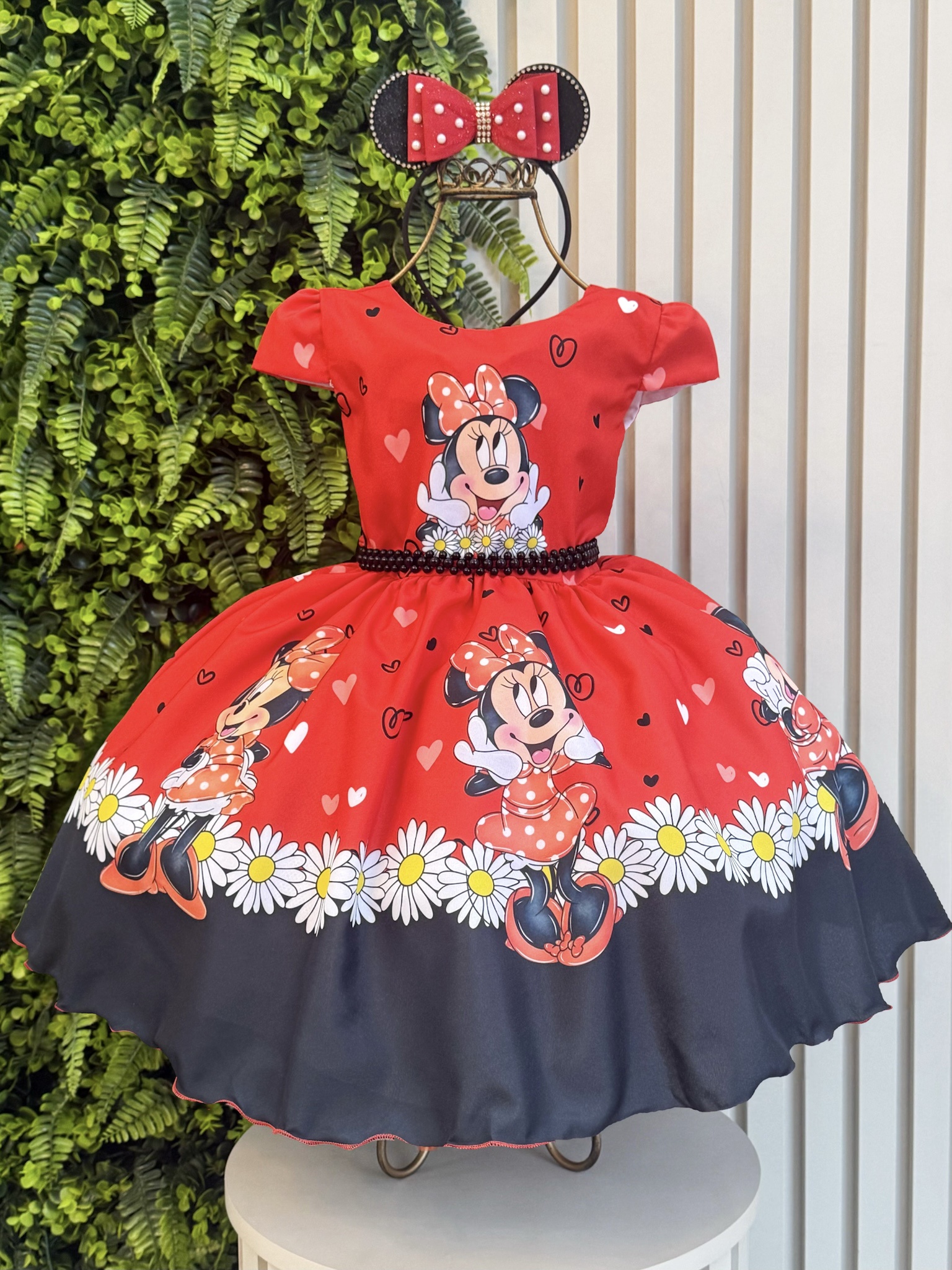 Vestido Infantil Vermelho de Festa para Menina com Corações e Margaridas