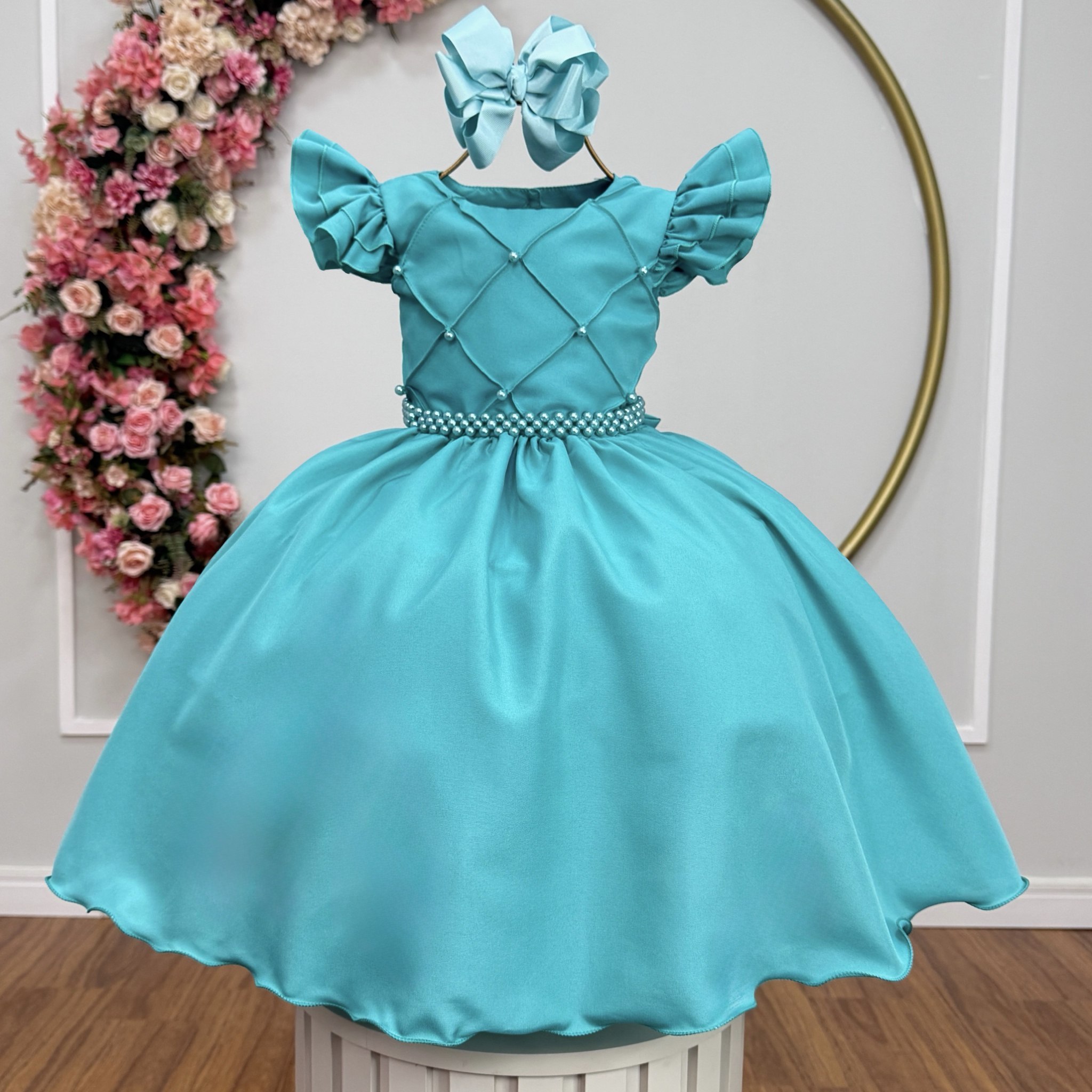 Vestido Verde Infantil Busto Nervura Pérolas Festas