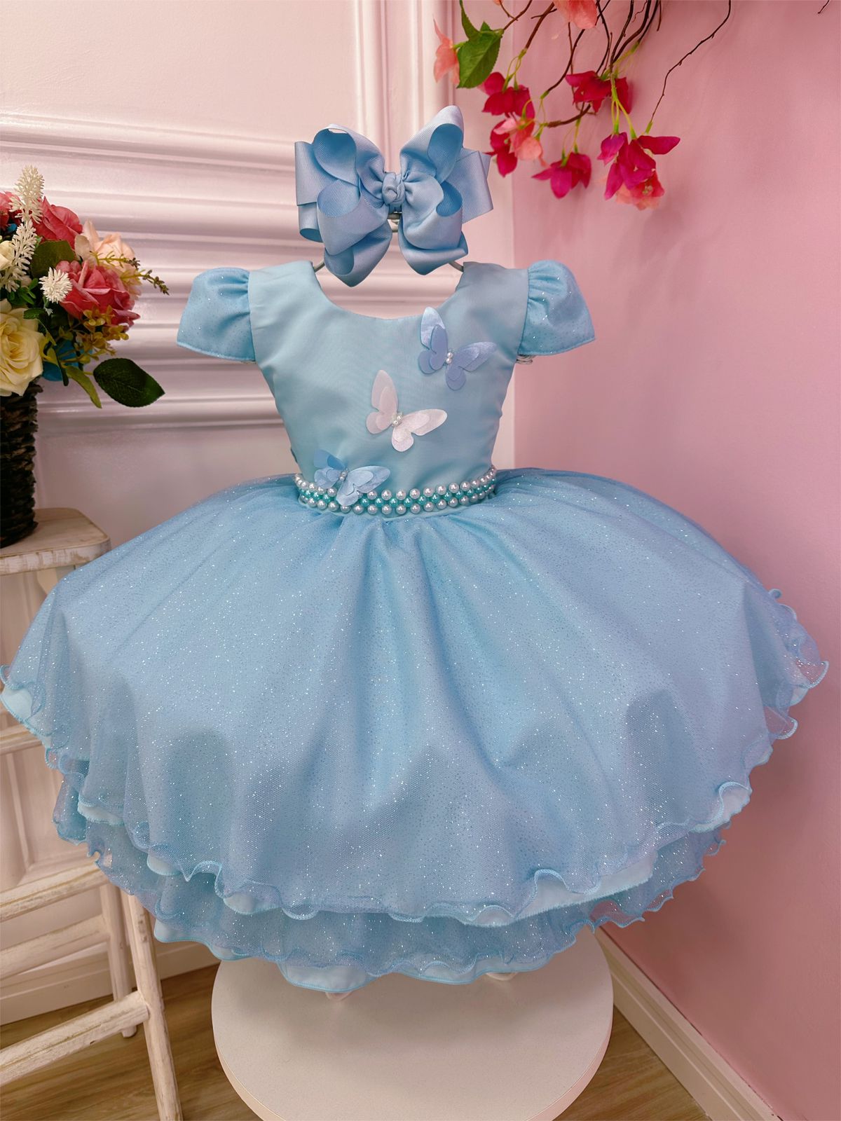Vestido Infantil Azul Bebê Aplique de Borboletas C/ Glitter