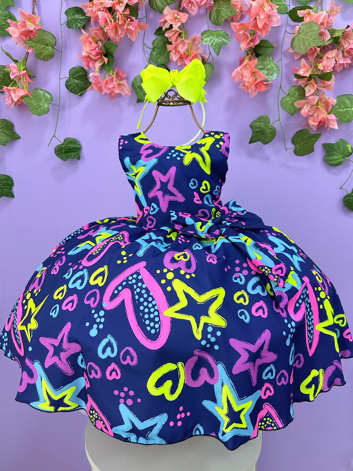 Vestido Infantil Barbie Azul Marinho Neon C/ Broche de Laço
