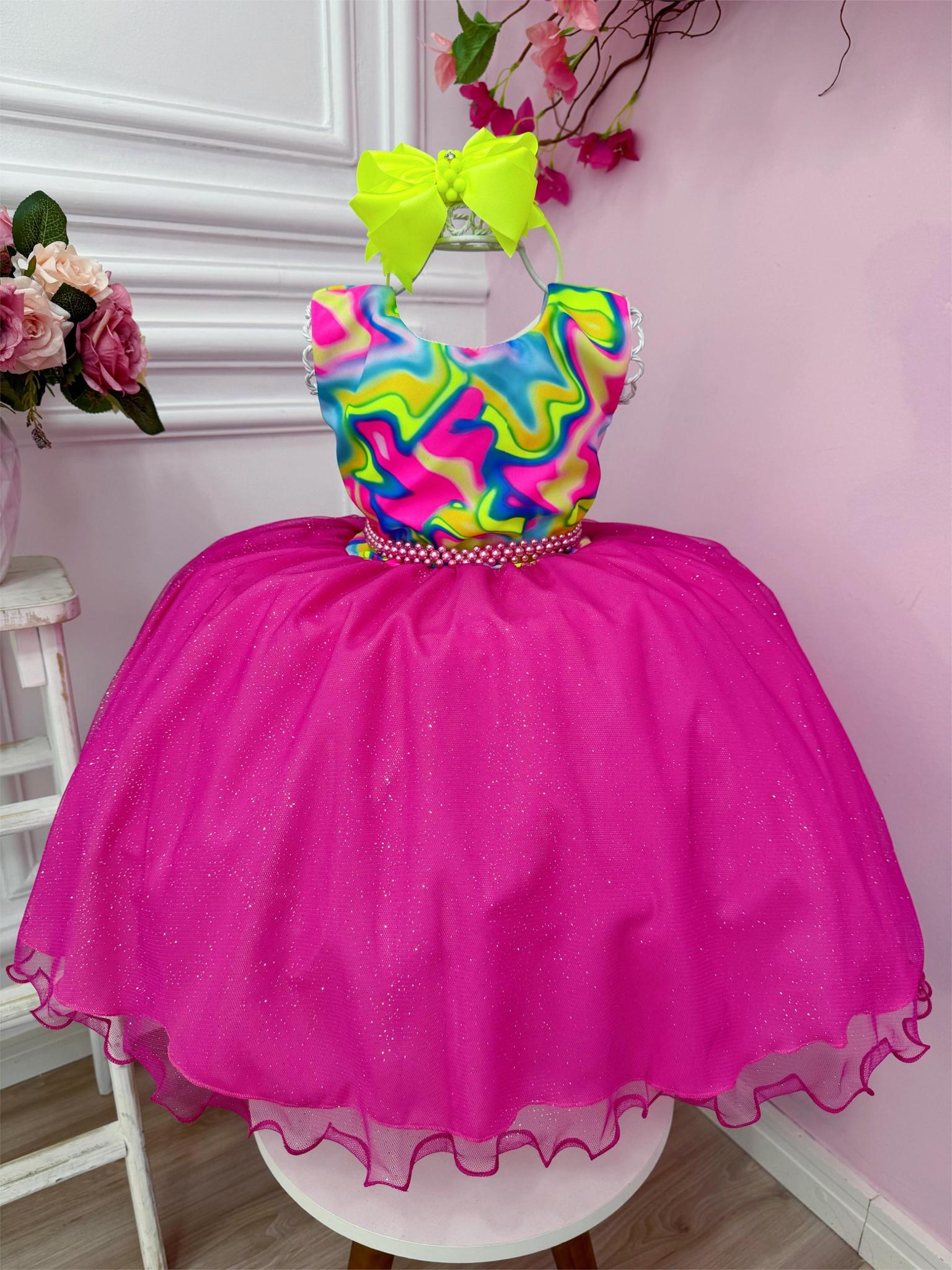 Vestido Infantil Barbie Colorido Neon Saia Pink C/ Glitter