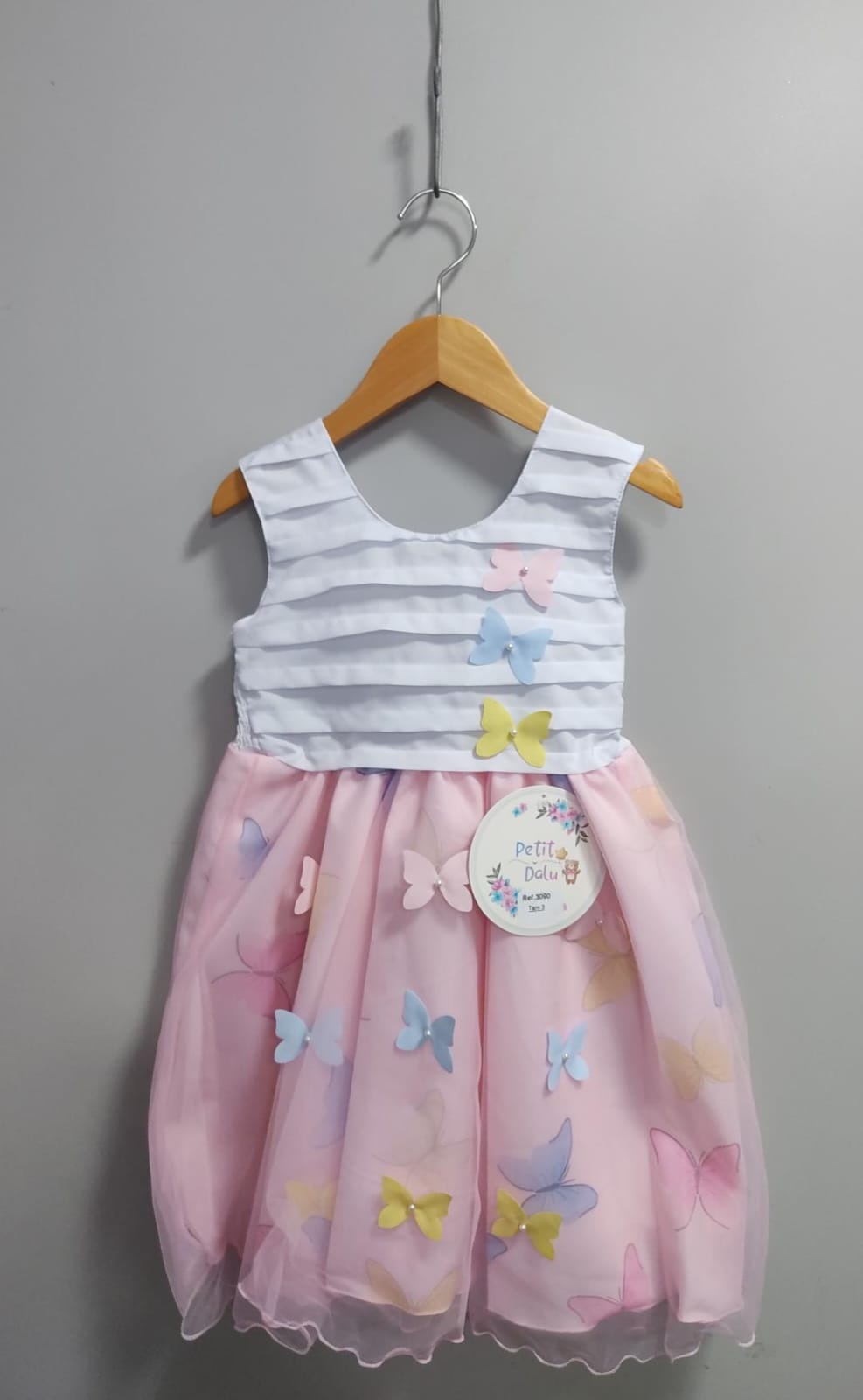 Vestido Infantil Branco Busto Plissado Jardim das Borboletas