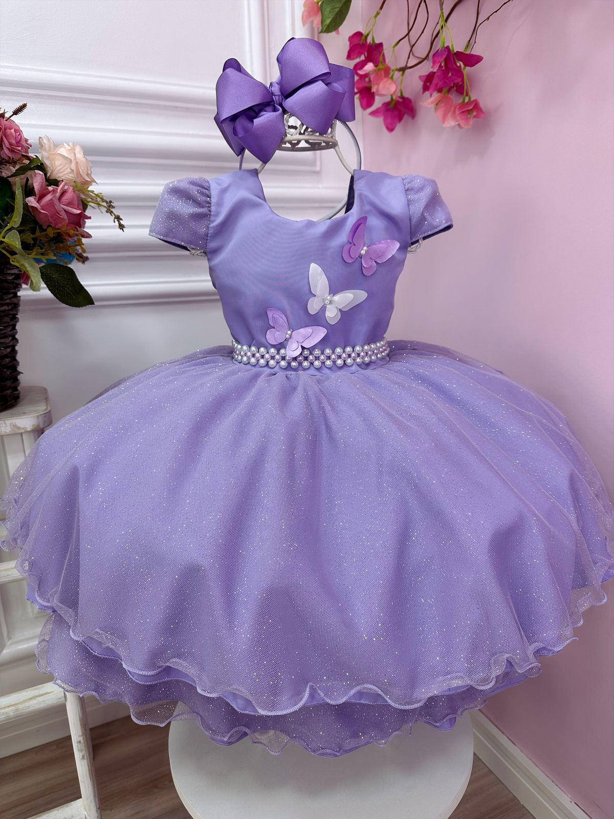 Vestido Infantil Lilás Com Aplique de Borboletas Glitter