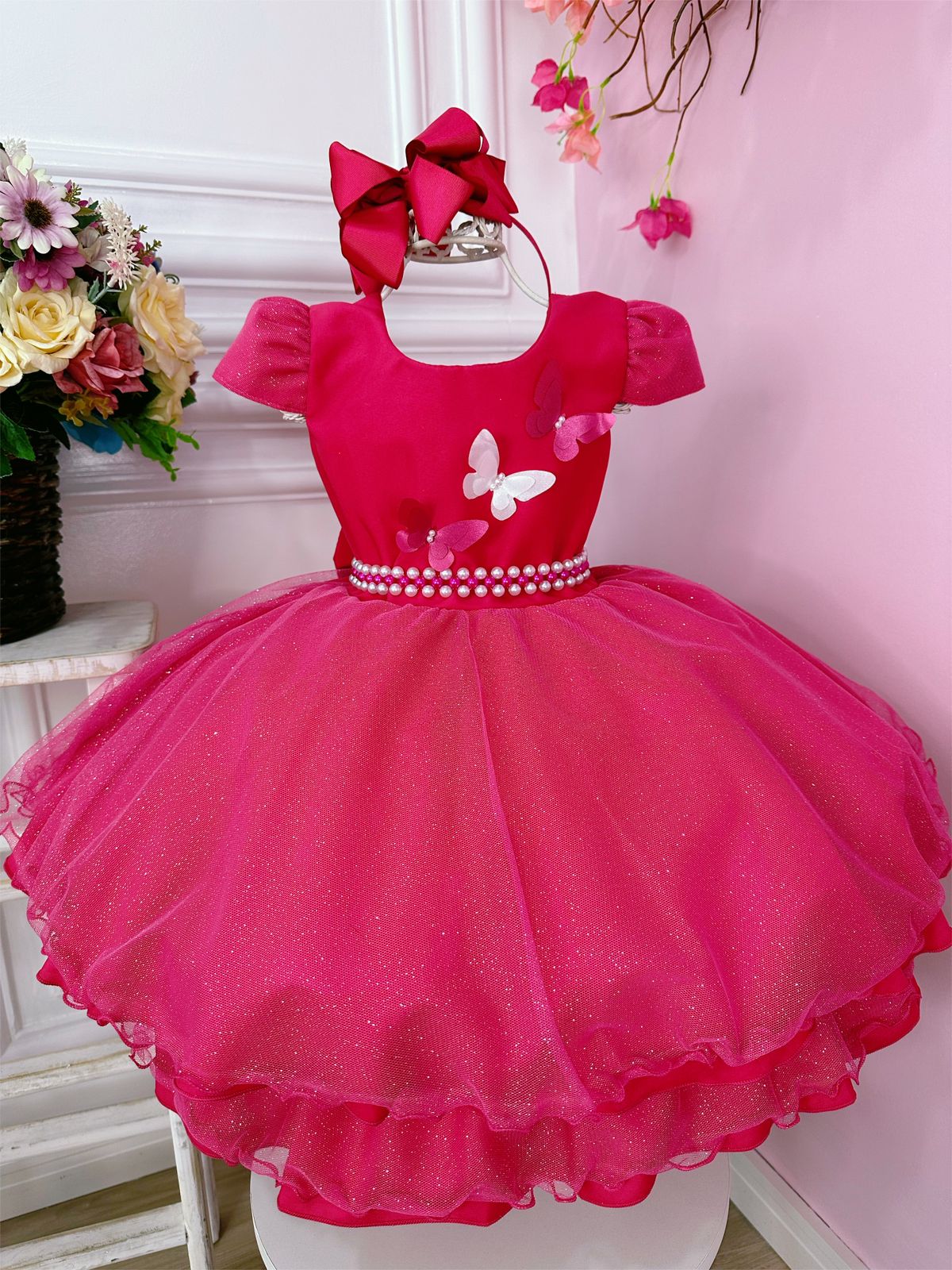 Vestido Infantil Pink Aplique de Borboletas C/ Glitter