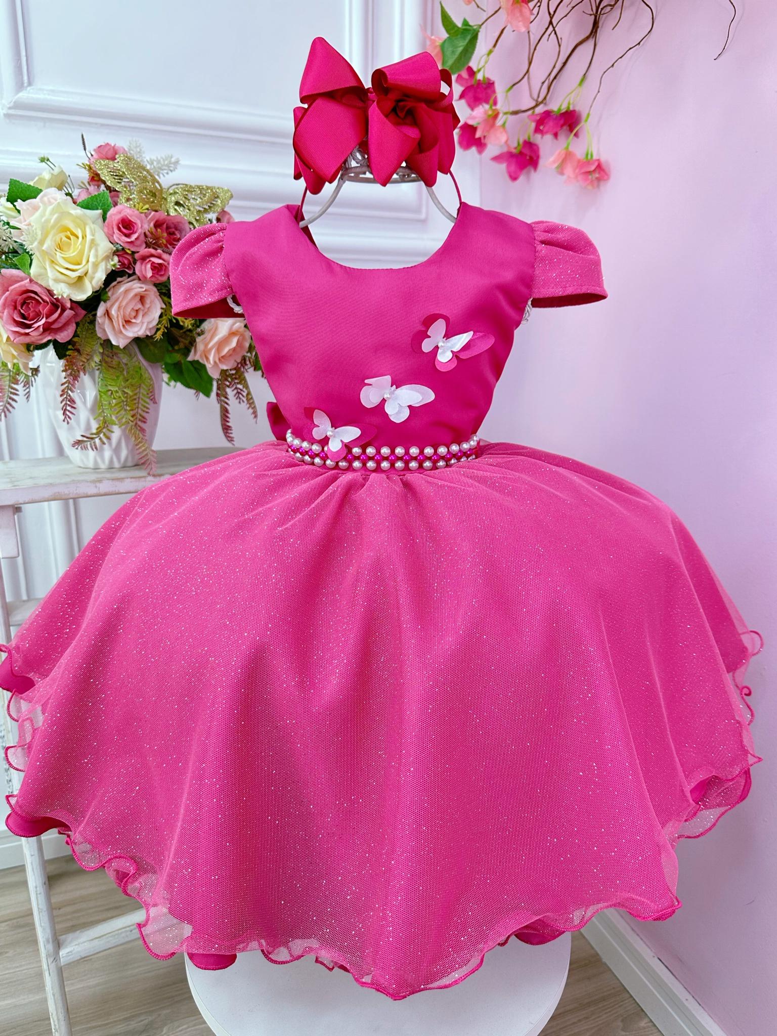 Vestido Infantil Pink C/ Glitter e Aplique de Borboletas