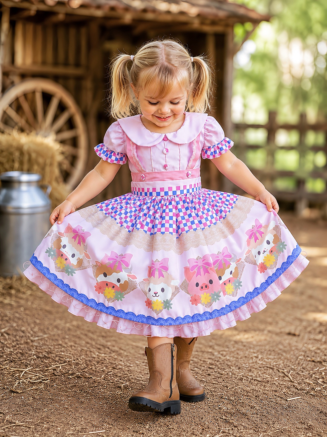 Vestido Infantil Rosa Bebê Fazendinha Bichos Aplique Botões