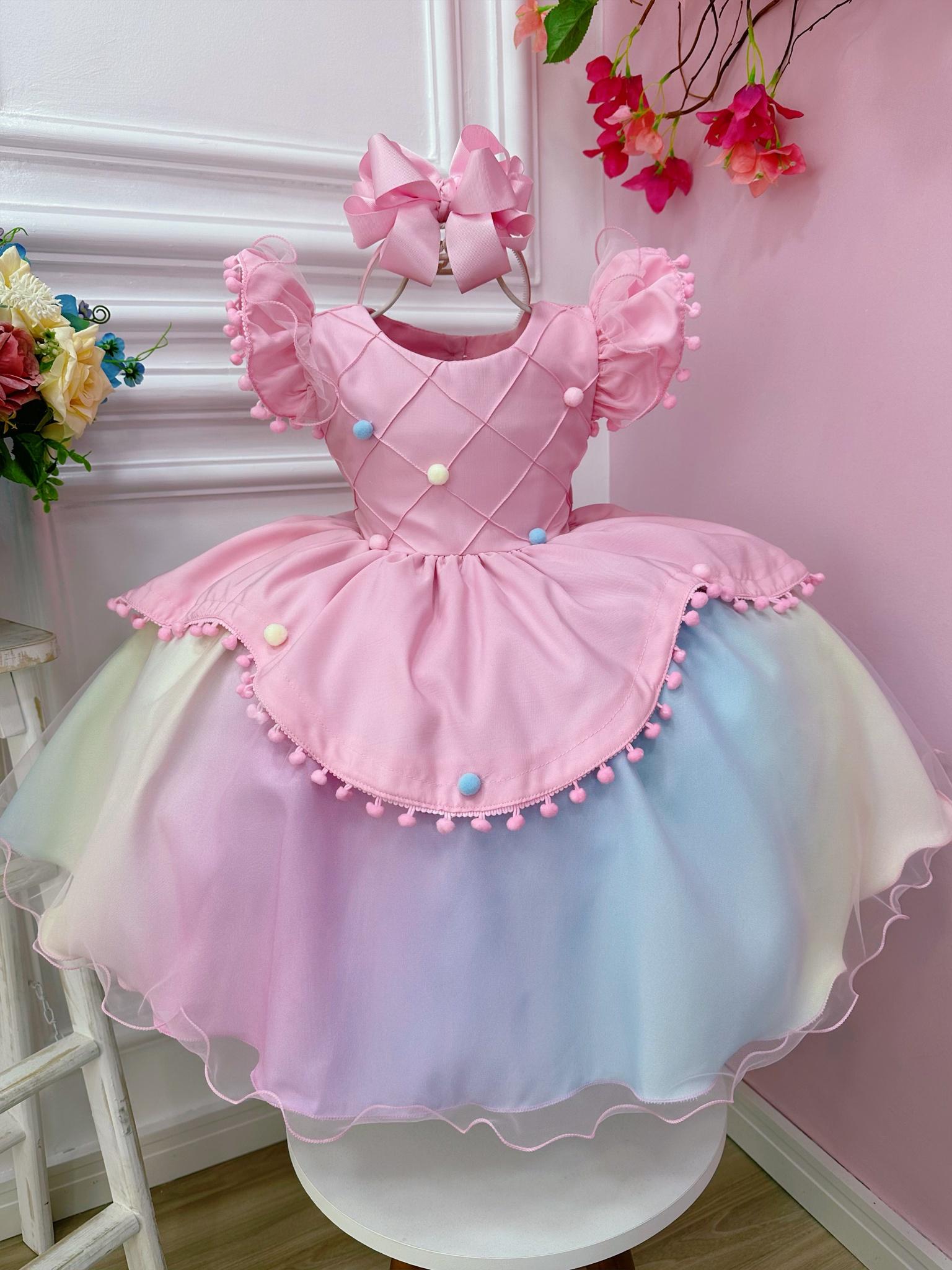 Vestido Infantil Rosa Circo Chuva de Amor Colorido