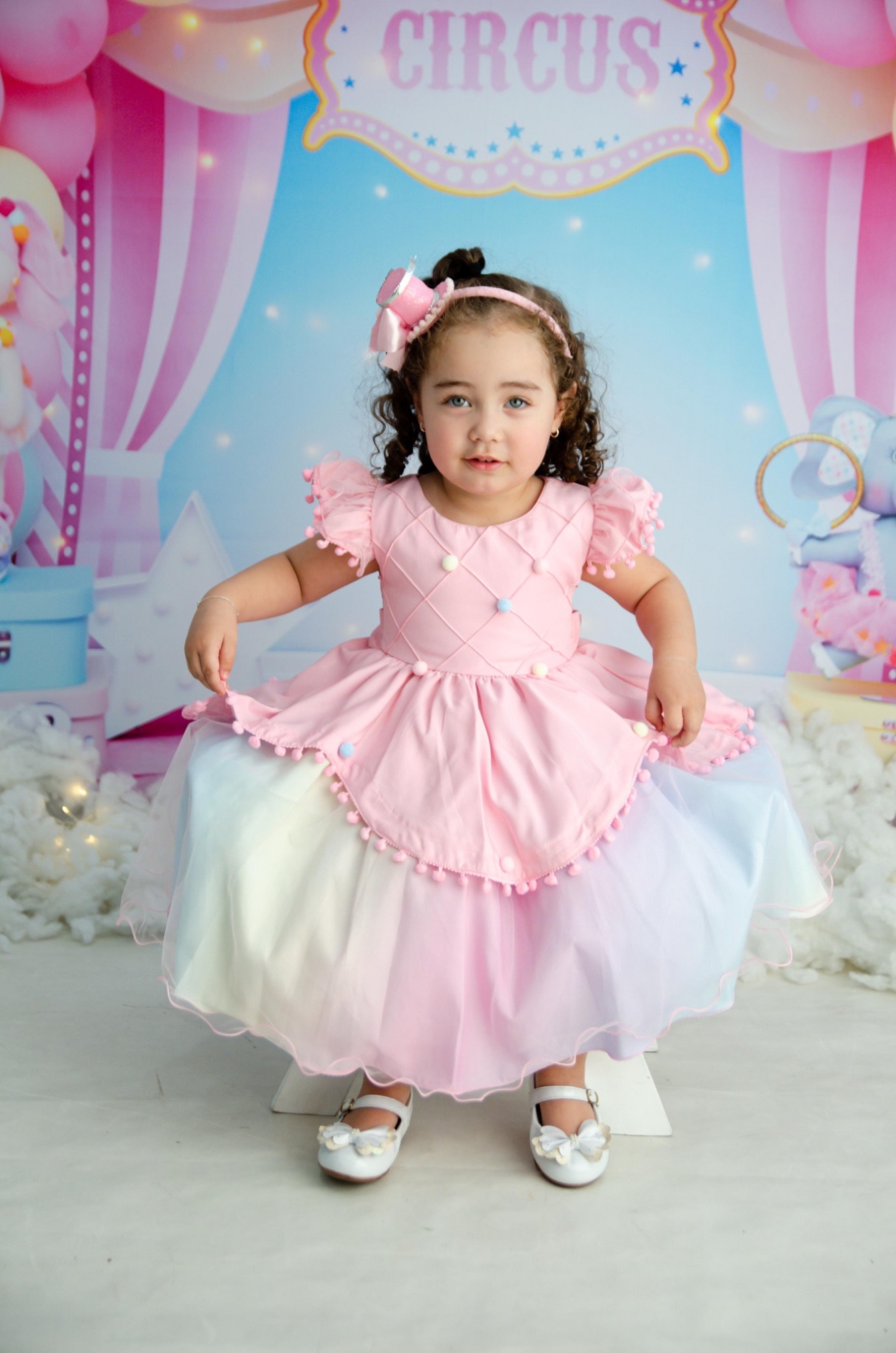 Vestido Infantil Rosa Circo Chuva de Amor Colorido Festas
