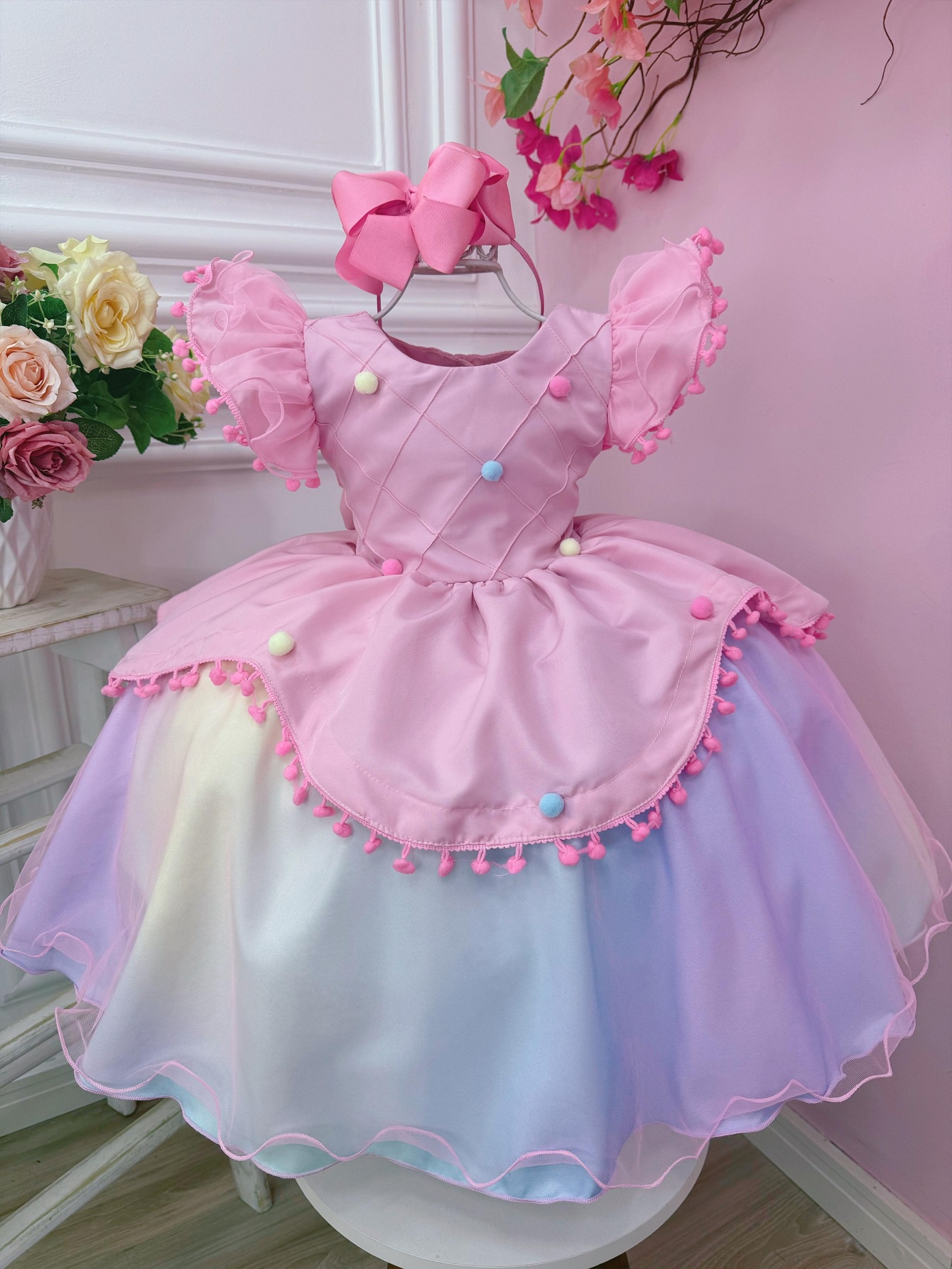 Vestido Infantil Rosa Circo Chuva de Amor Colorido Festas