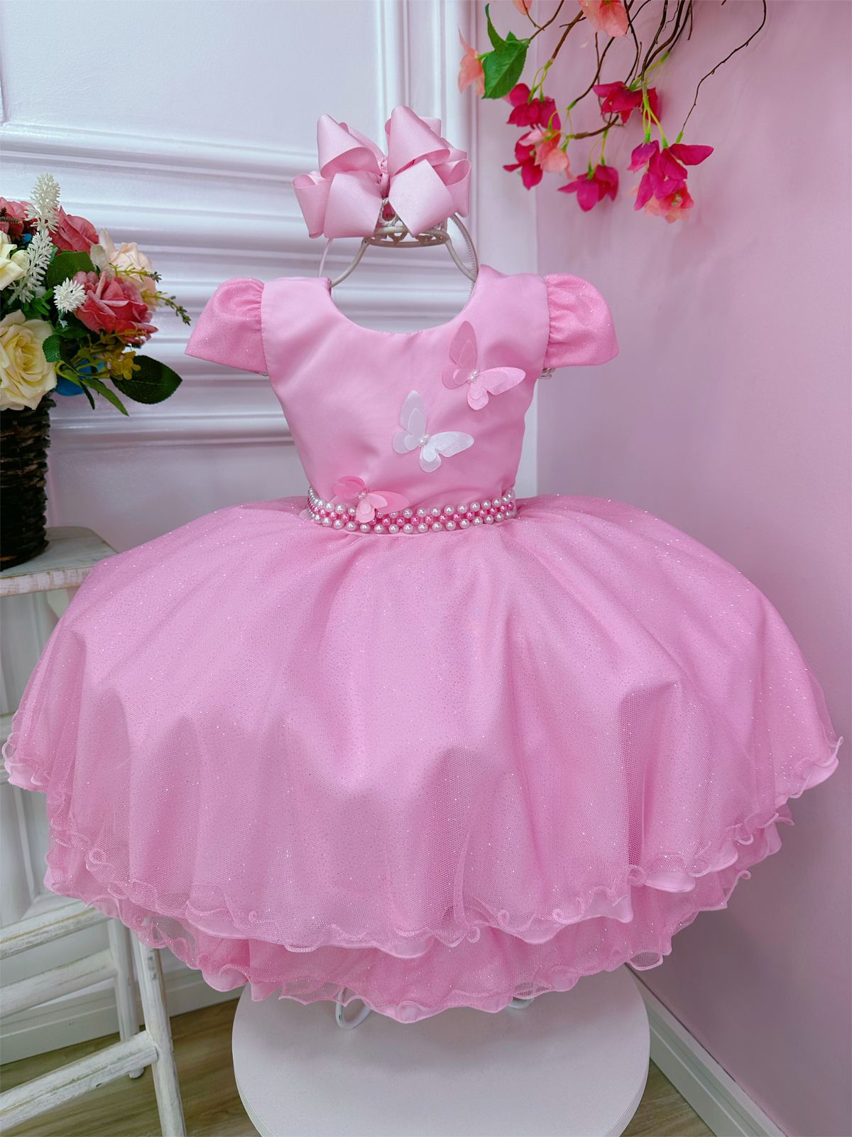 Vestido Infantil Rosa Com Aplique de Borboletas C/ Glitter