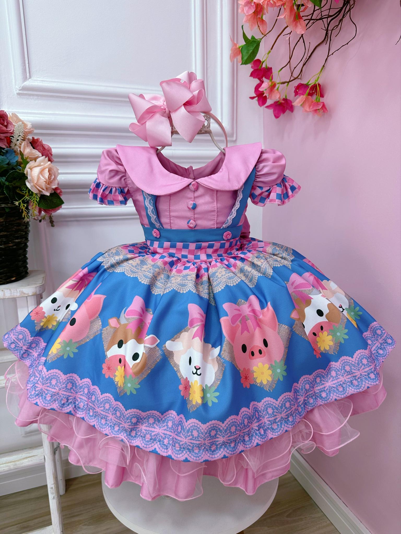 Vestido Infantil Rosa Fazendinha Bichos Aplique Botões