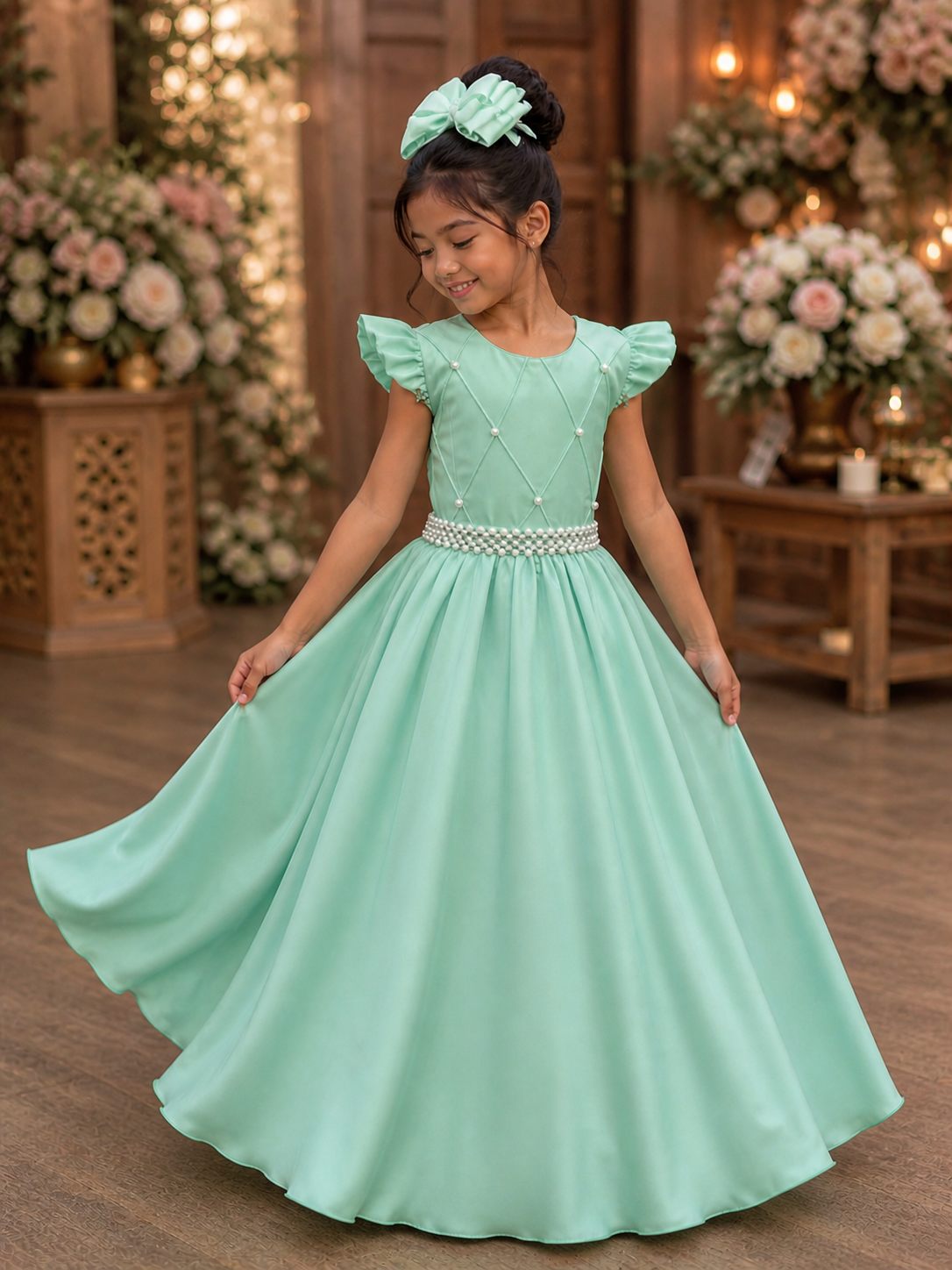 Vestido Infantil Longo Verde Nervura com Pérolas Cinto Luxo