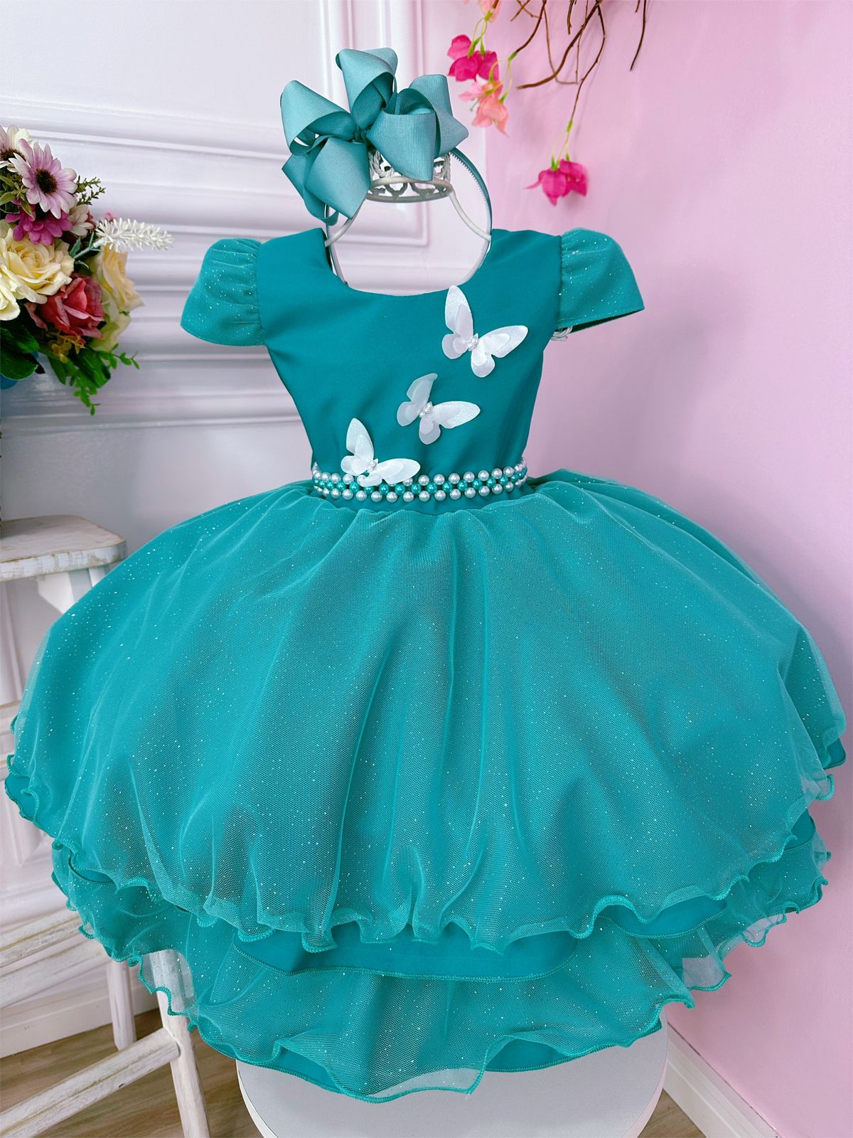 Vestido Infantil Verde Tiffany Glitter Aplique de Borboletas