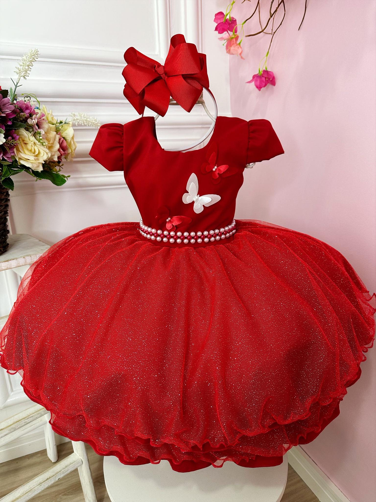 Vestido Infantil Vermelho C/ Aplique de Borboletas Glitter