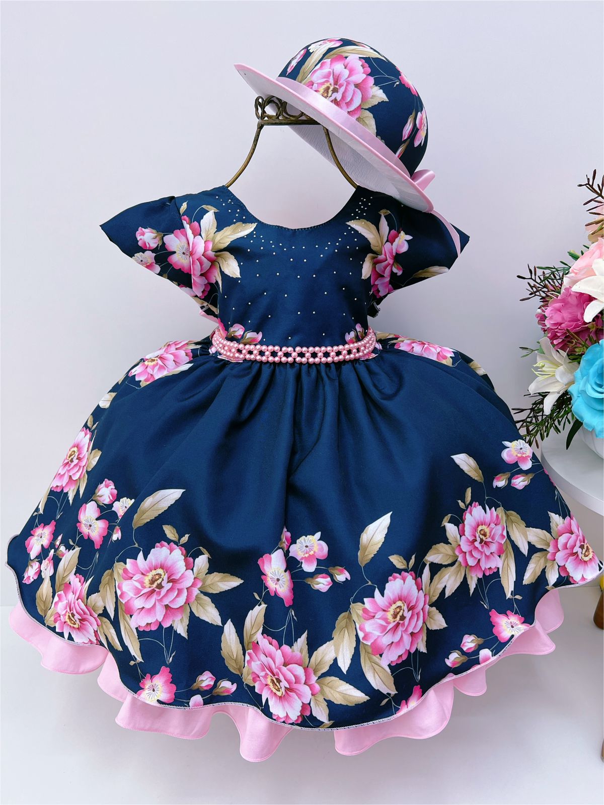 Vestido Infantil Azul Marinho Florido Pérolas C/ Chapéu