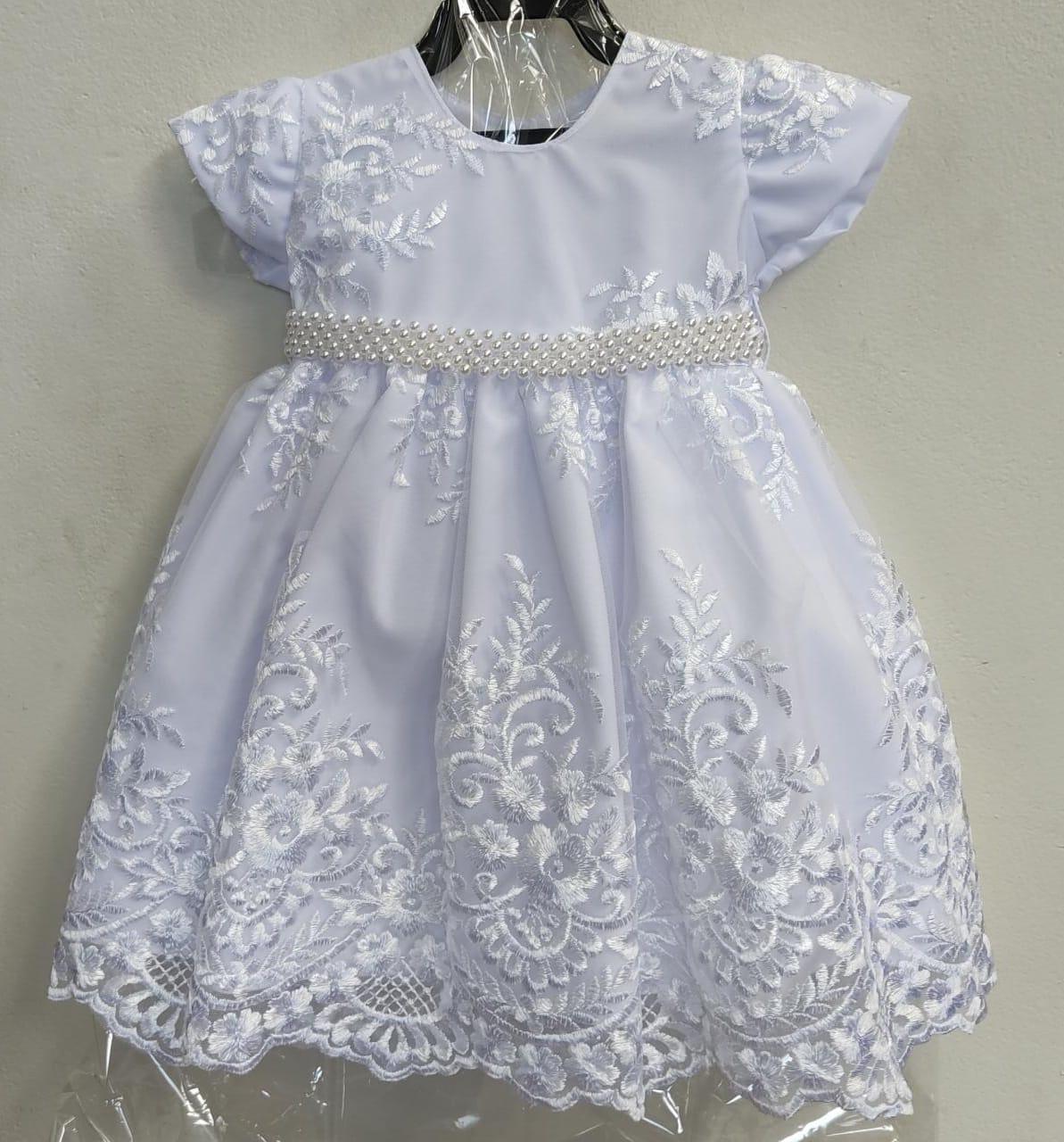Vestido Infantil Branco C/ Renda Realeza Cinto de Pérolas