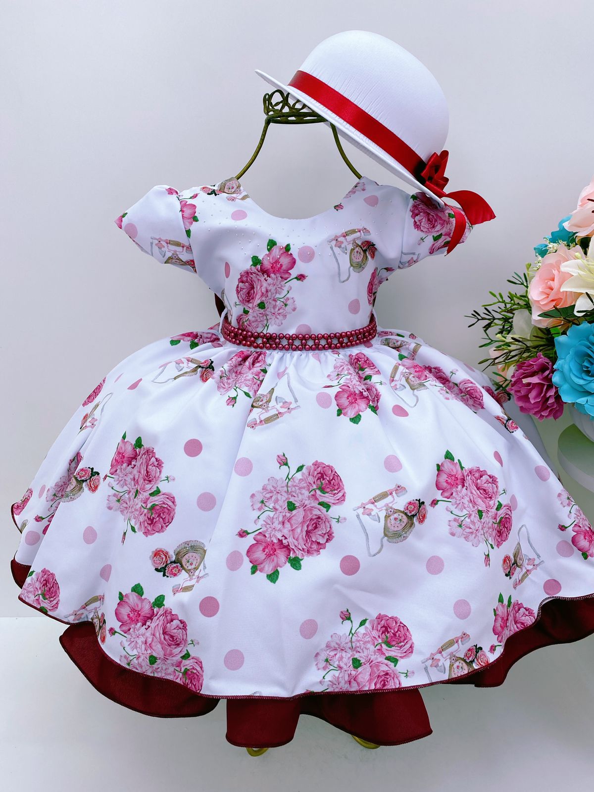 Chapéu Infantil Fofinho Carolina com Laço Floral Rosa Marfim