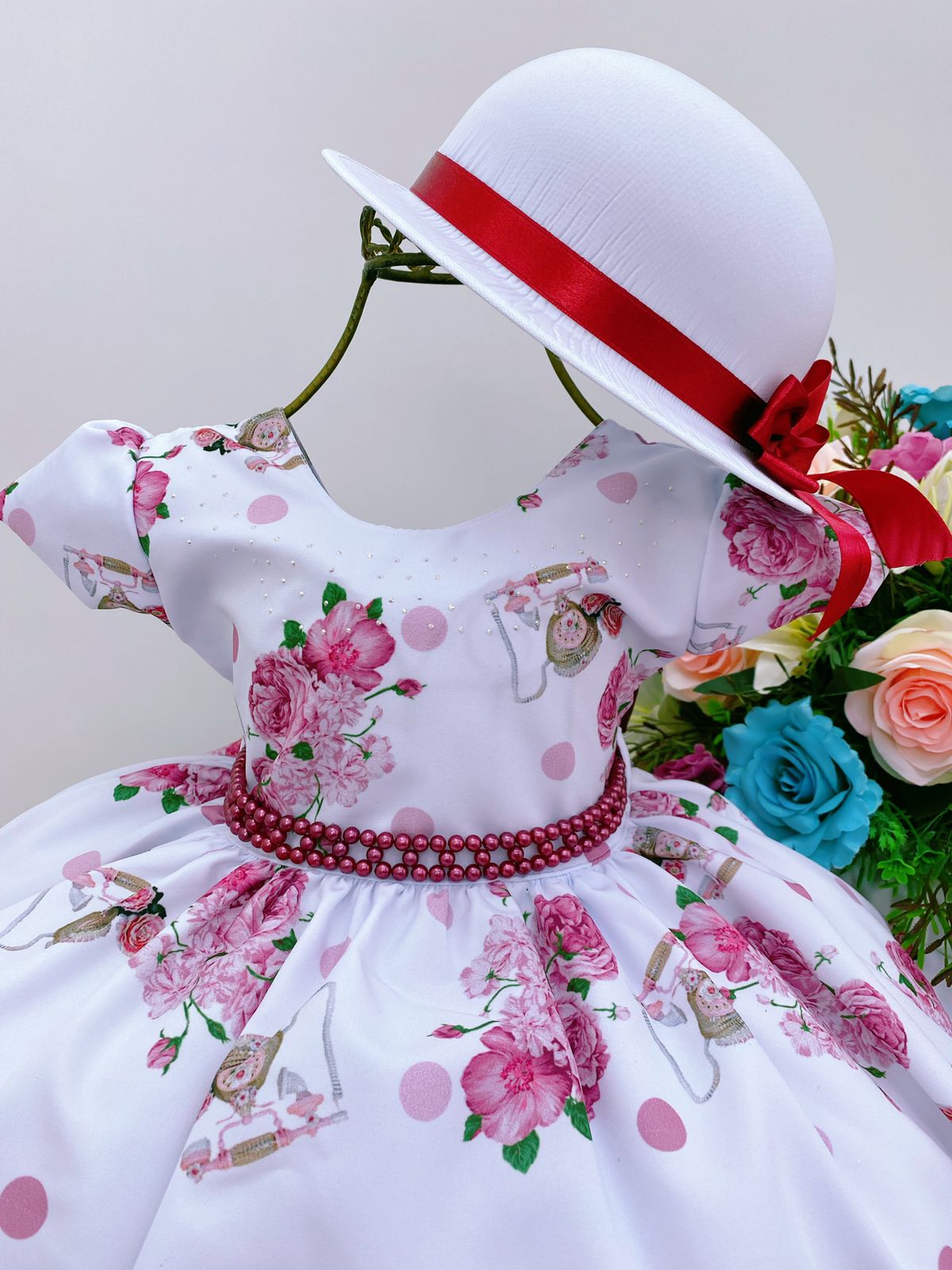 Chapéu Infantil Fofinho Carolina com Laço Floral Rosa Marfim