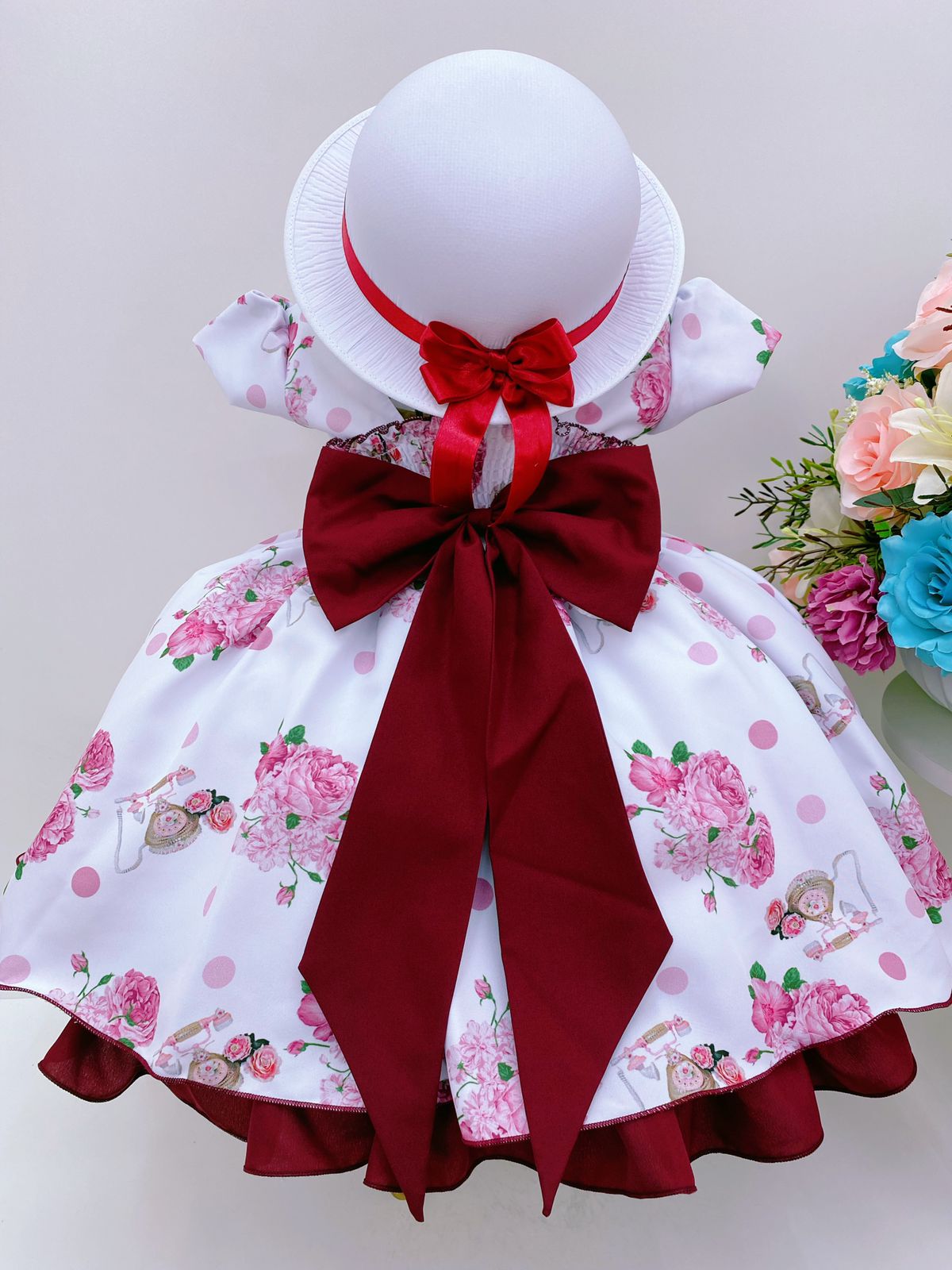 Chapéu Infantil Fofinho Carolina com Laço Floral Rosa Marfim