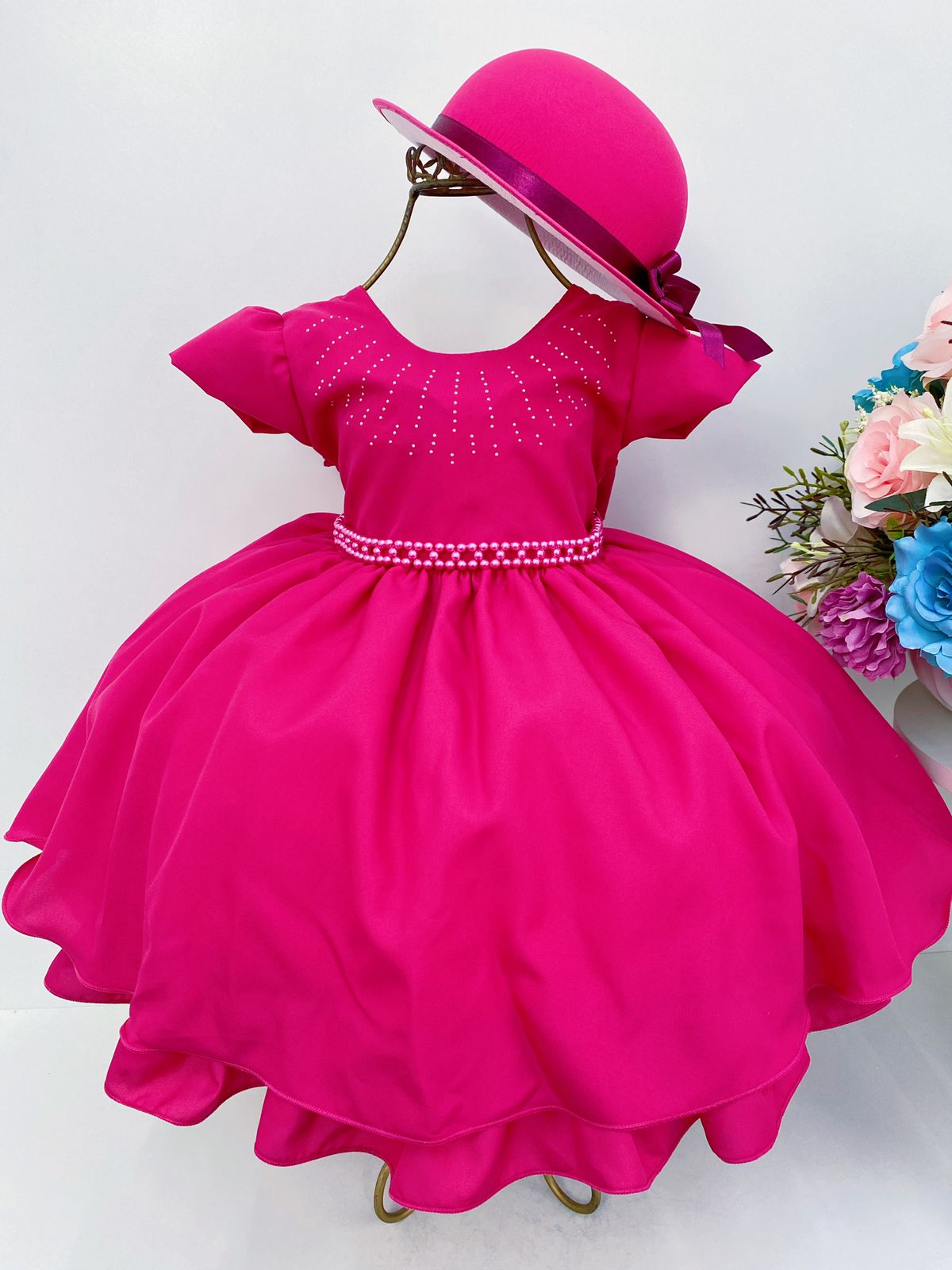 Vestido Infantil Pink Cinto Pérolas C/ Chapéu