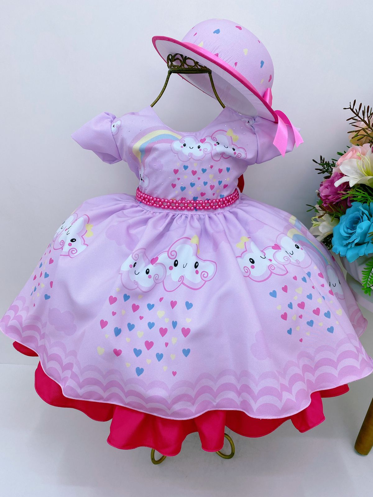 Vestido Infantil Rosa e Pink Chuva de Amor Corações C/ Chapéu