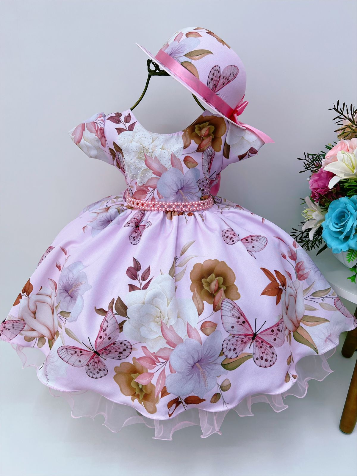 Vestido Infantil Rosa Florido Borboletas Pérolas C/ Chapéu