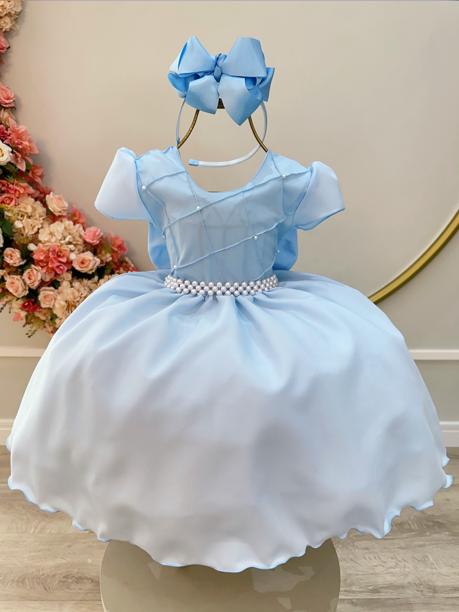 Vestido Infantil Azul Claro C/ Busto Nervura Pérolas Daminha