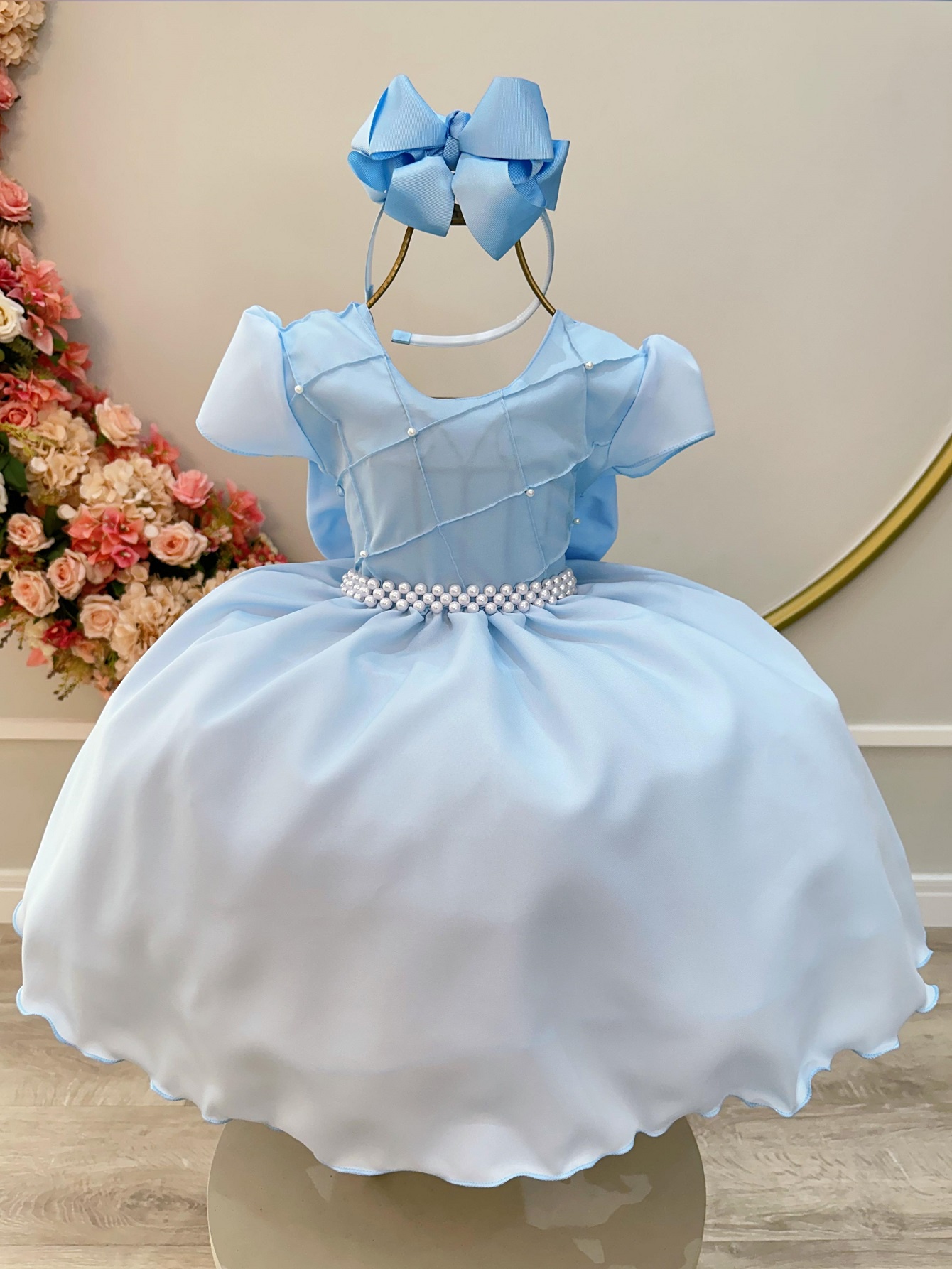 Vestido Infantil Azul Claro C/ Busto Nervura, em Poliéster