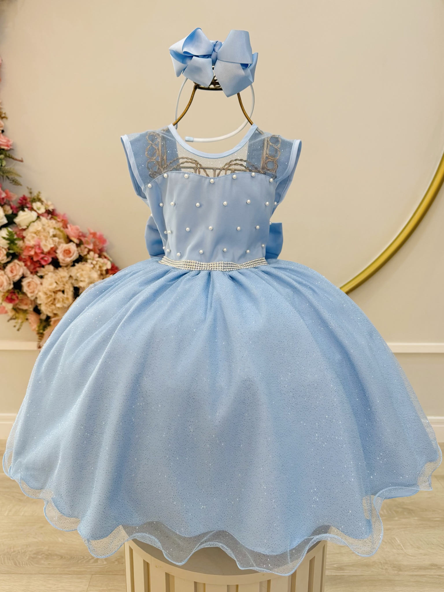 Vestido Infantil Azul Claro Pérolas Saia C/ Glitter Daminhas