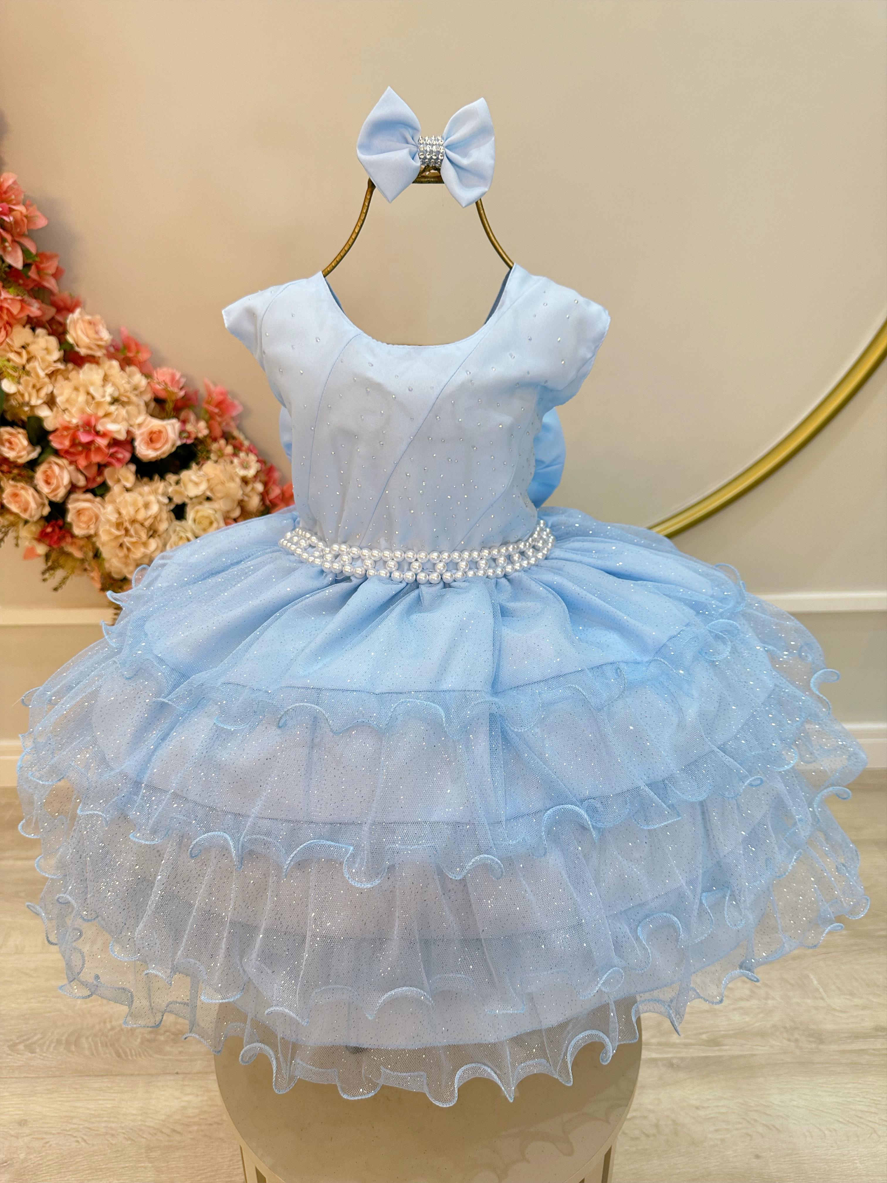 Vestido Infantil Azul Claro Saia C/ Babados e Glitter Daminha