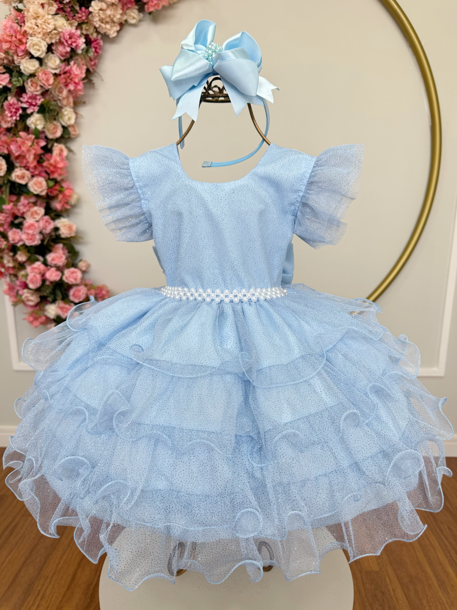 Vestido Infantil Azul Claro Saia C/ Babados e Glitter Daminhas