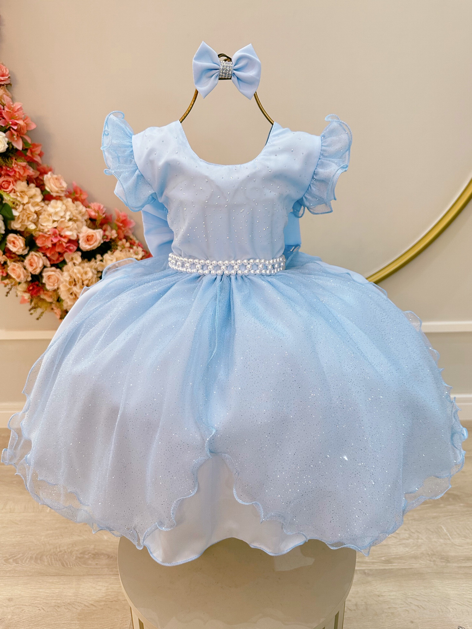 Vestido Infantil Azul Claro Saia C/ Tule e Glitter Daminha