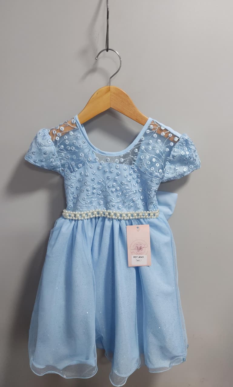 Vestido Infantil Azul Claro Tule Bordado com Glitter Daminhas