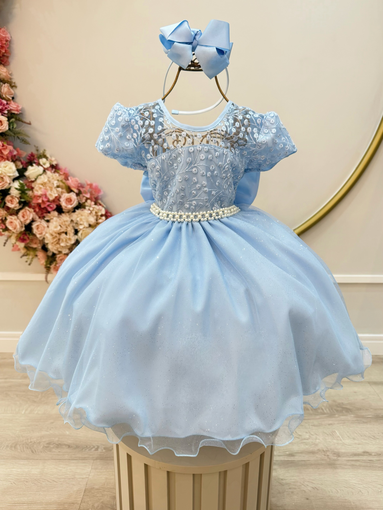 Vestido Infantil Azul Claro Tule Bordado com Glitter Daminhas