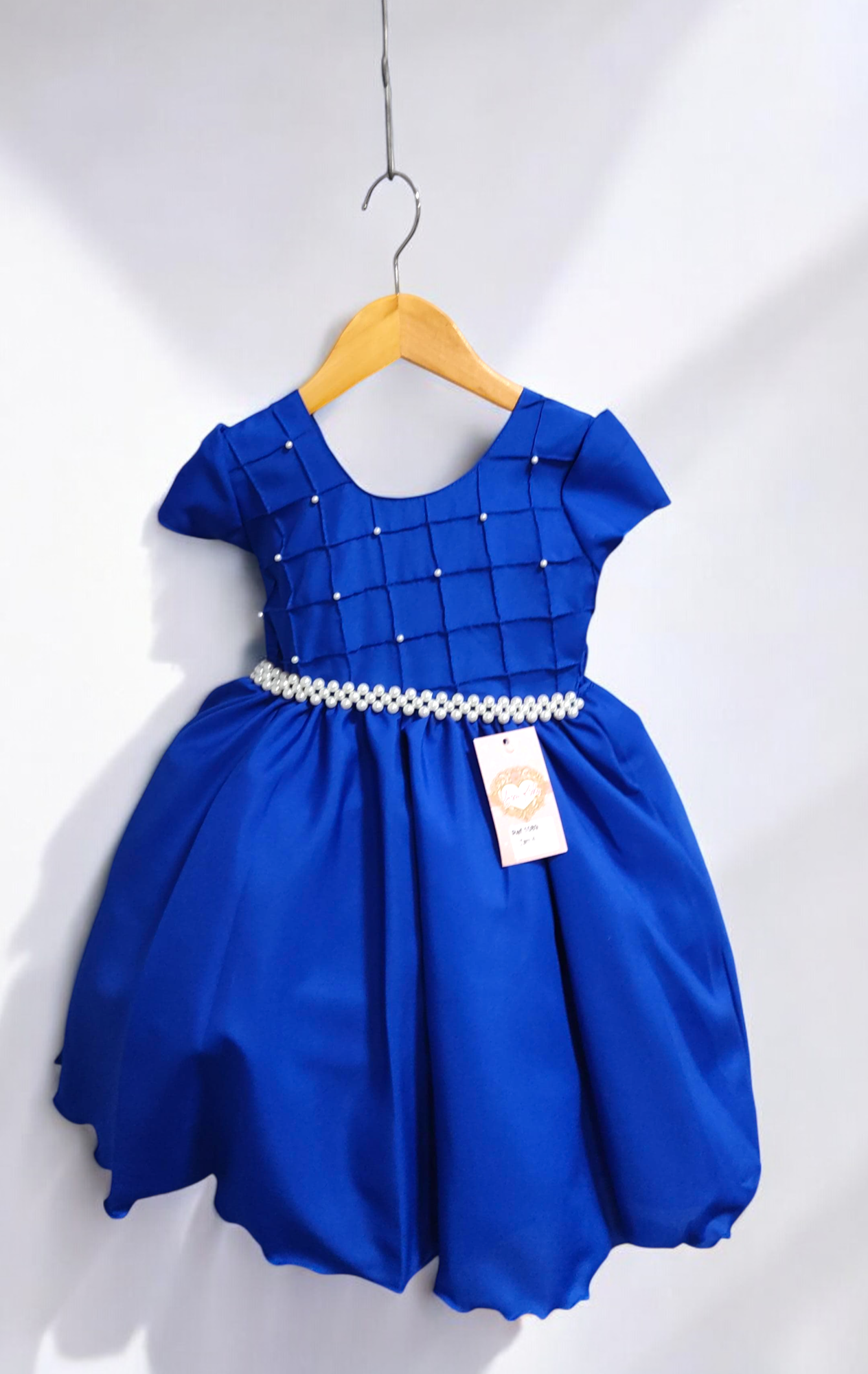 Vestido Infantil Azul Royal Com Busto Nervura Pérolas Daminha